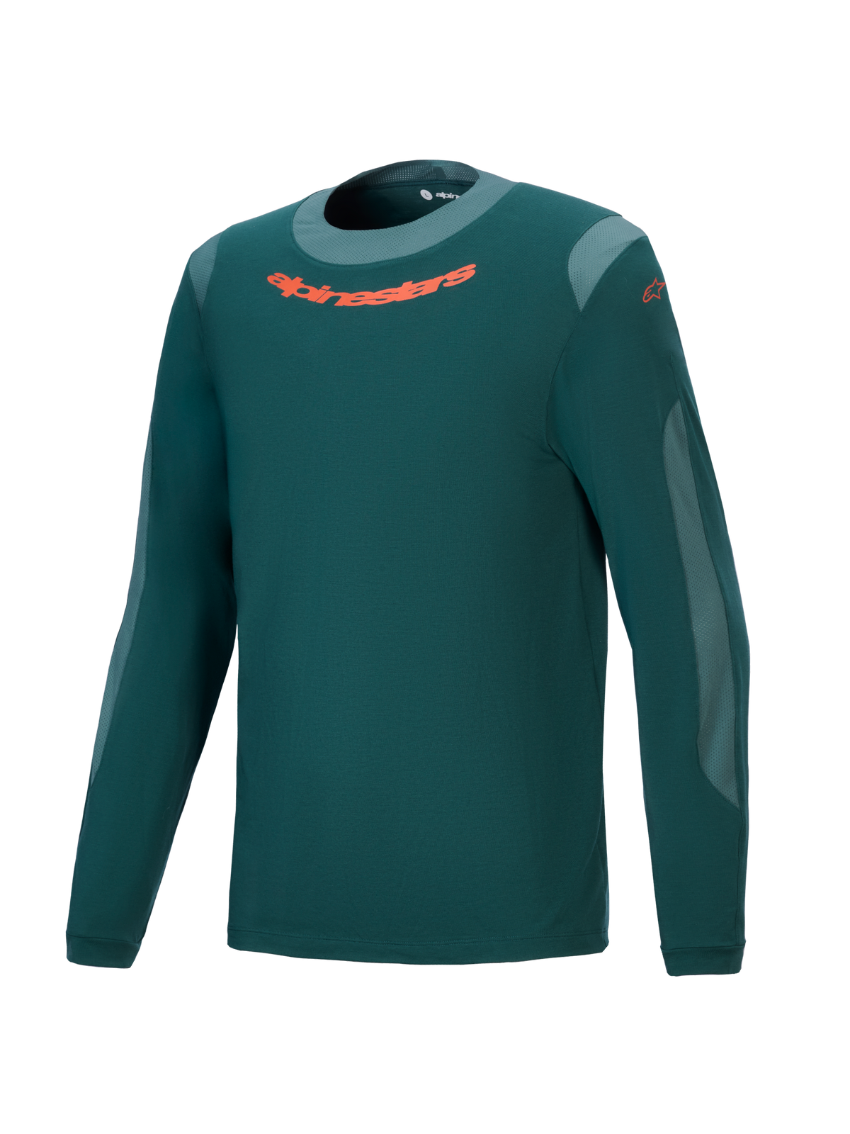 Alpinestars A-Dura Dri Wool Jersey longsleeve, mountainbike shirt in donkergroen met lichtgrijze mesh-panelen, oranje logo op de borst, ronde hals, ademend drirelease wolmateriaal