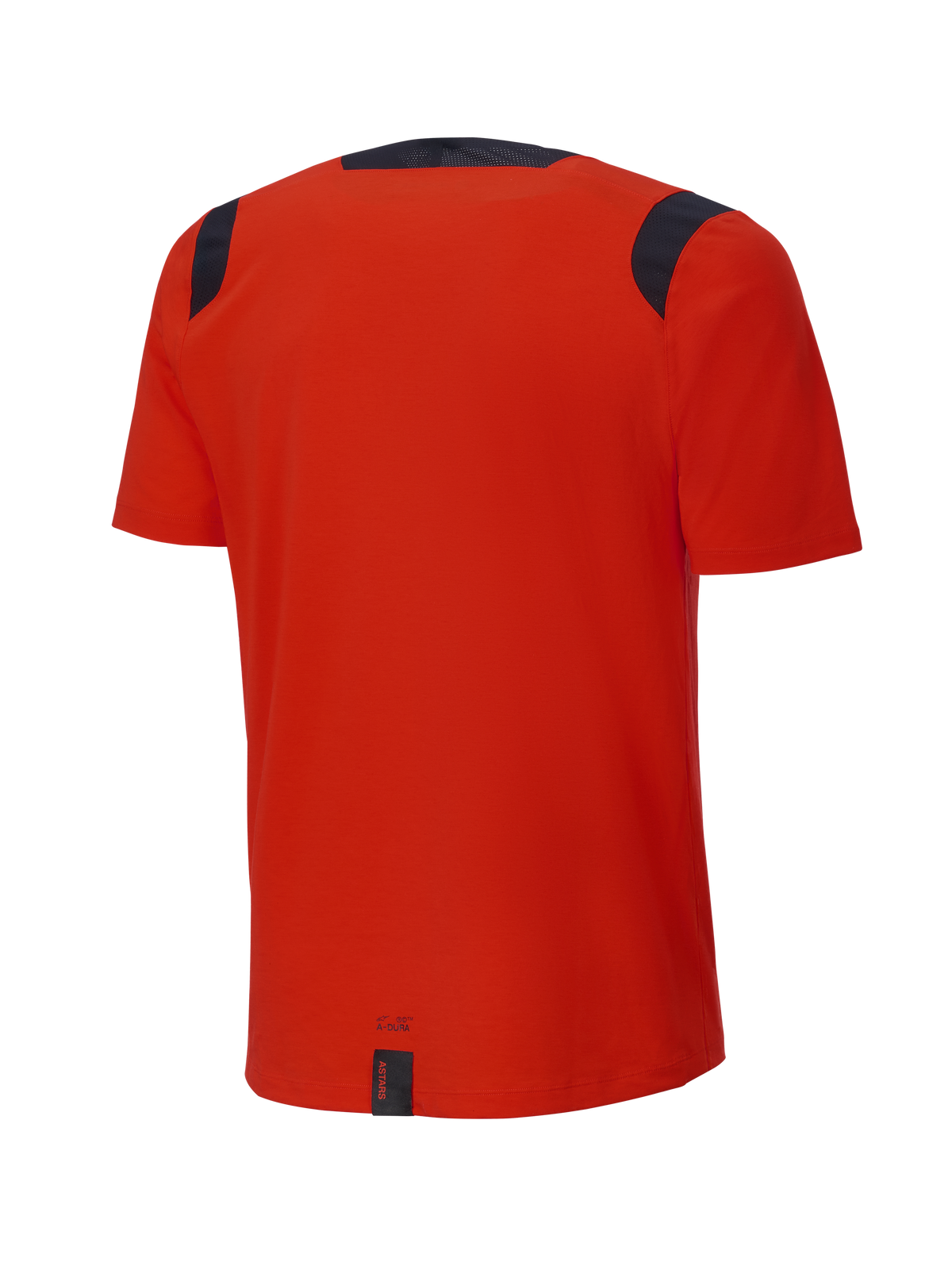Alpinestars A-Dura Dri Wool Kurzarmtrikot, Spicy Orange, Rückansicht, mit schwarzen Mesh-Einsätzen an den Schultern und am Kragen, verlängerte Rückenpartie für zusätzliche Abdeckung beim Trailriding
