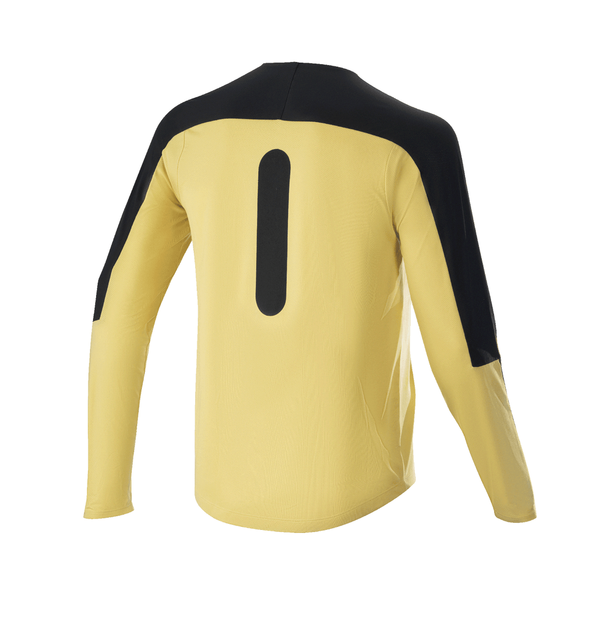 Alpinestars Drop Meta Jersey - Manches longues, maillot de VTT, jaune et noir, vue arrière montrant les empiècements d'épaules noirs et un graphisme vertical, tissu mesh léger avec queue prolongée pour la pratique du VTT trail