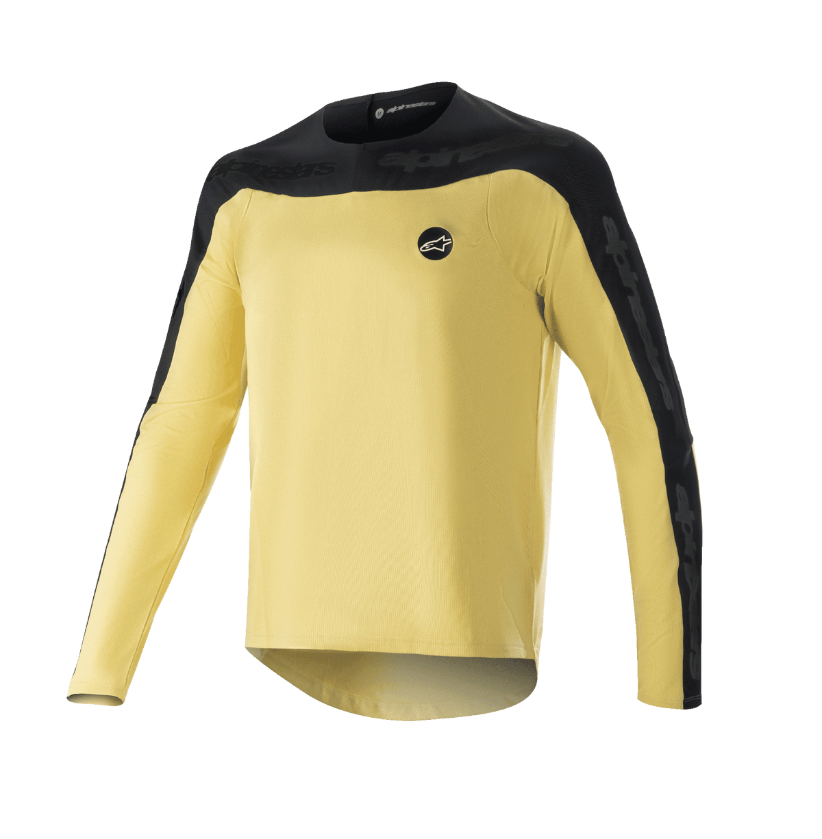 Alpinestars Drop Meta Long Sleeve Jersey, maillot de VTT à manches longues, jaune et noir, empiècement d'épaule et panneaux extérieurs des manches noirs, petit logo circulaire sur la poitrine, tissu mesh léger et respirant, pan arrière allongé
