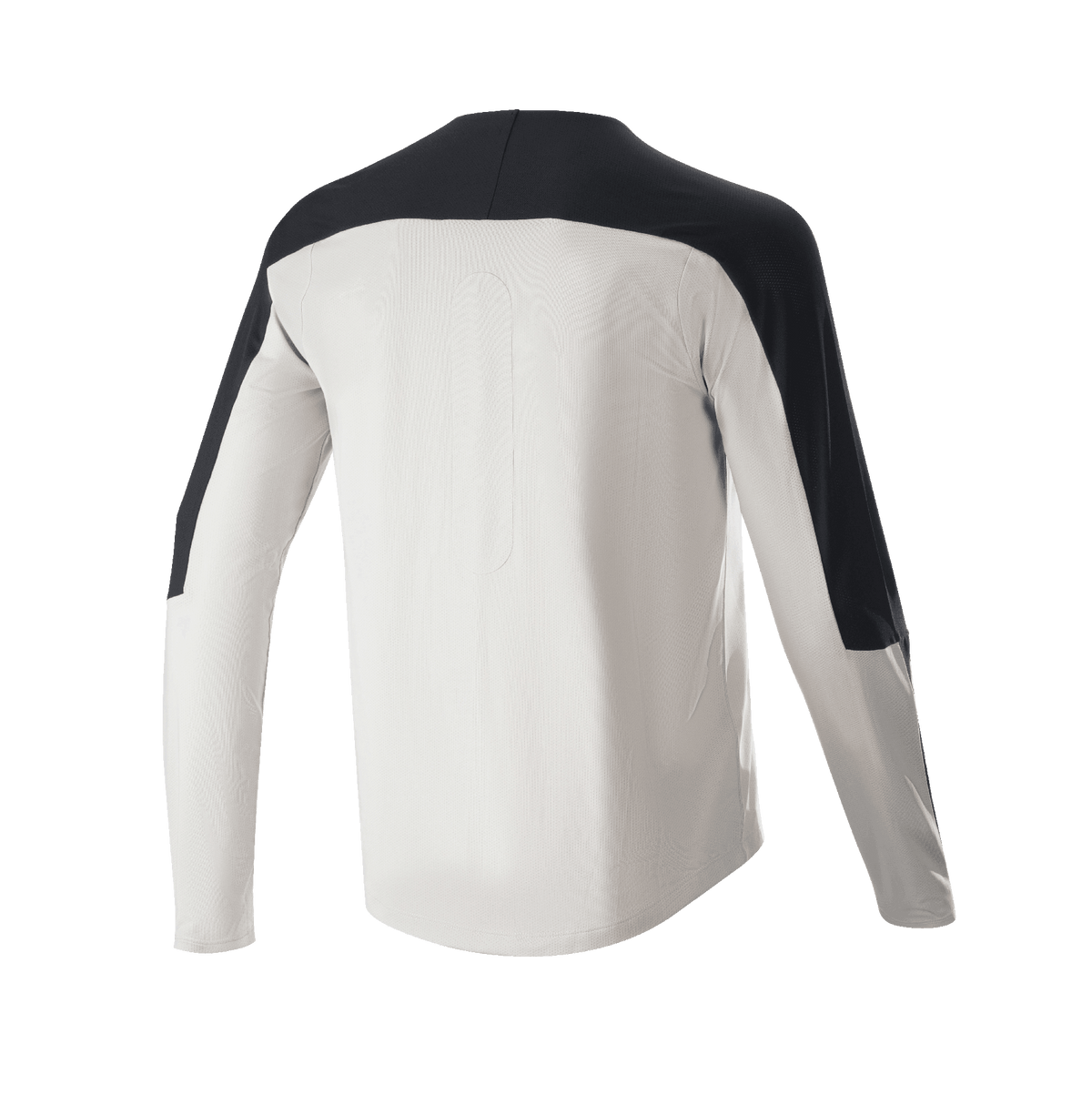 Alpinestars Drop Meta Jersey - Lange Mouwen, MTB-jersey, lichtgrijs met zwarte accenten op de schouders en mouwen, achteraanzicht met verlengde achterkant, ademende mesh-stof voor off-road fietsen