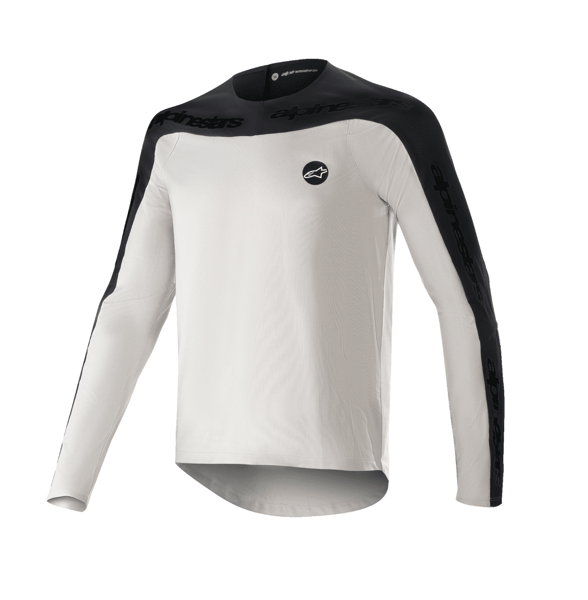 Alpinestars Drop Meta Jersey Langarm, MTB-Mountainbike-Trikot, Hellgrau und Schwarz, mit schwarzer Schulterpasse und äußeren Ärmeleinsätzen mit Text-Branding, verlängertem Rückensaum und rundem Logo auf der linken Brust