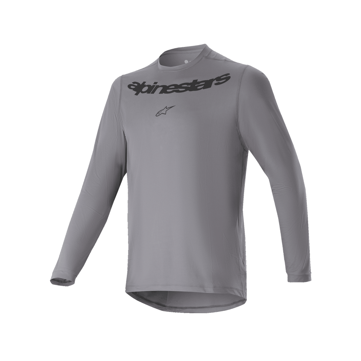 Maillot à manches longues Alpinestars A-Dura Rocker, maillot de cyclisme VTT, gris foncé, avec lettrage et logo étoile Alpinestars noirs sur la poitrine, pan arrière allongé, équipement de cyclisme haute performance pour le VTT