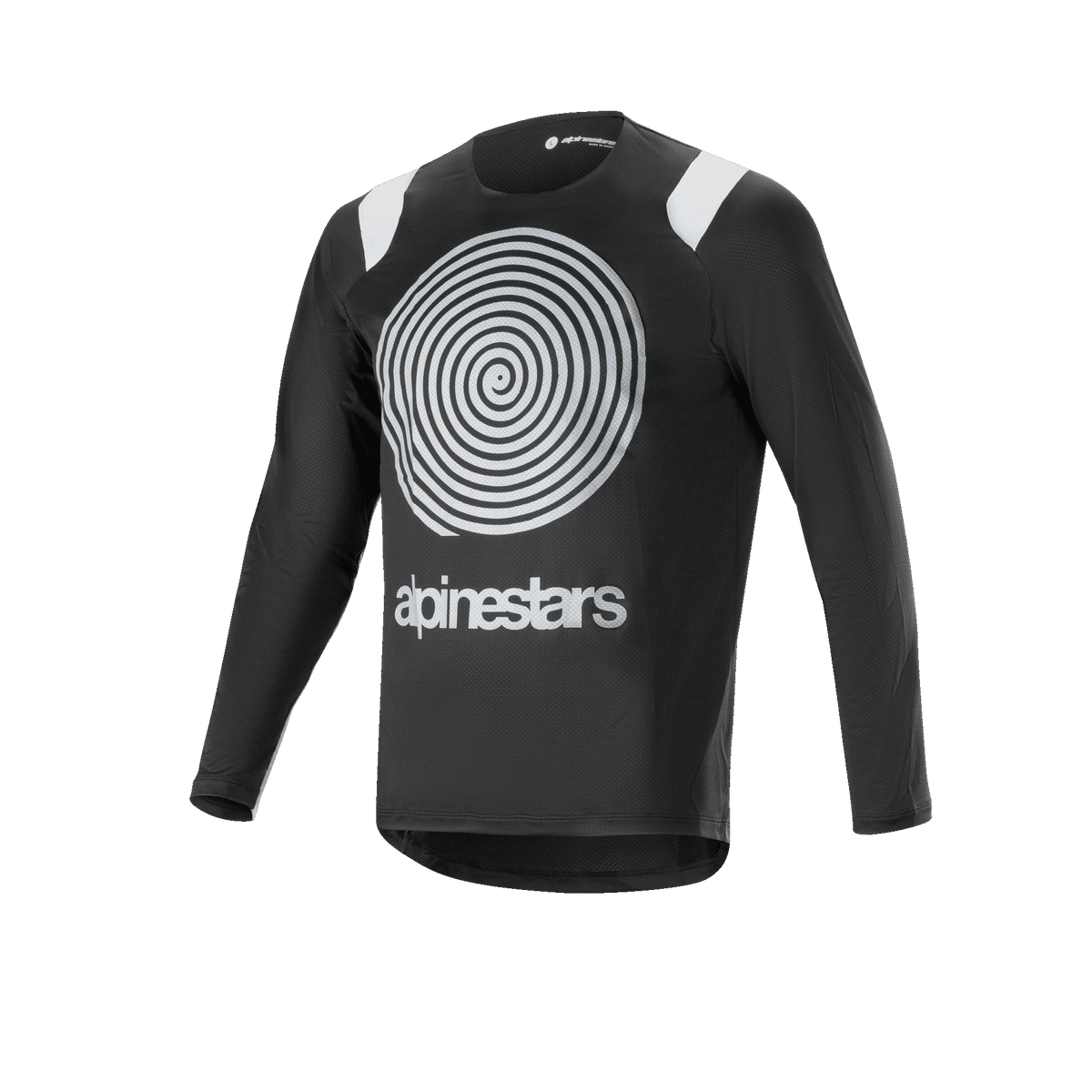 Alpinestars A-Supra Oscar Jersey met lange mouwen, zwart wielershirt, voorzien van een grote witte Oscar spiraalgrafiek op de borst, witte schouderaccenten en Alpinestars-logo, lichtgewicht en ademend voor MTB gravity rijden