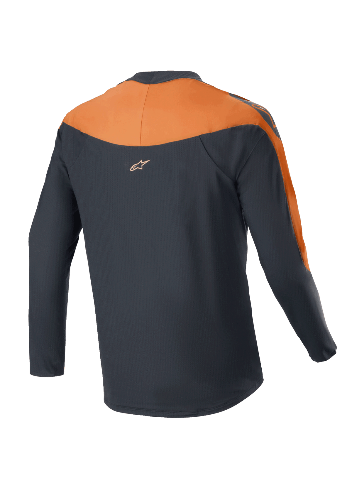 Alpinestars A-Supra Race Jersey - Long Sleeve, MTB Jersey, Black and Orange, rear view showing orange shoulder and sleeve panels, small Alpinestars logo on the upper back, dropped tail design for cycling coverage