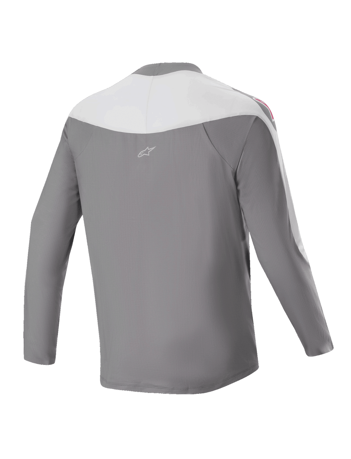 Maillot Alpinestars A-Supra Race - Manches longues, maillot de VTT, gris foncé et blanc, vue arrière avec petit logo étoile, graphismes rouges sur les épaules et coupe performance pour la course tout-terrain