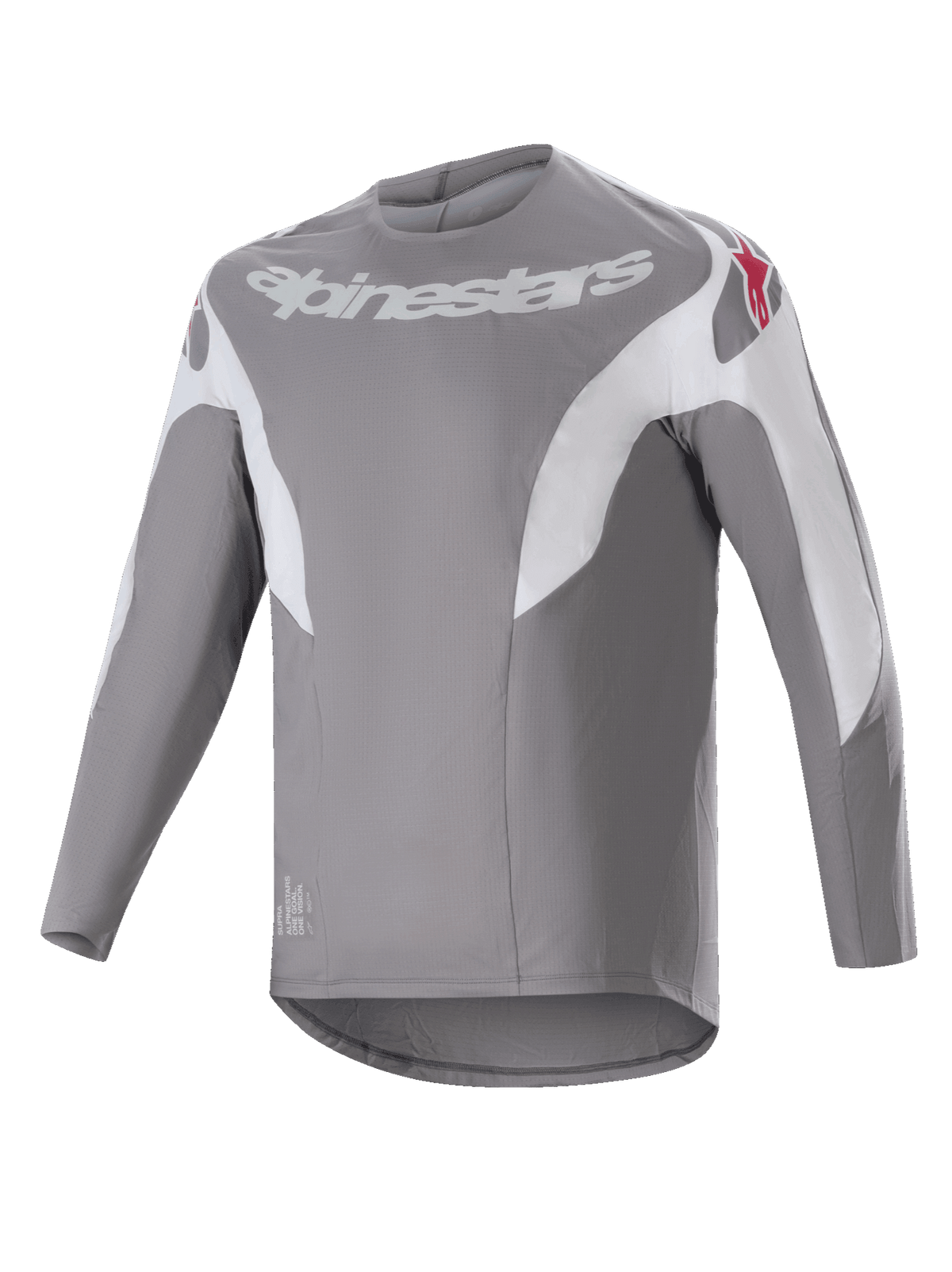 Maillot Alpinestars A-Supra Race, maillot de VTT à manches longues, gris foncé avec empiècements blancs, logo Alpinestars blanc sur la poitrine et logos étoiles rouges sur les épaules, tissu technique micro-perforé avec coupe plus longue à l'arrière pour le cyclisme tout-terrain