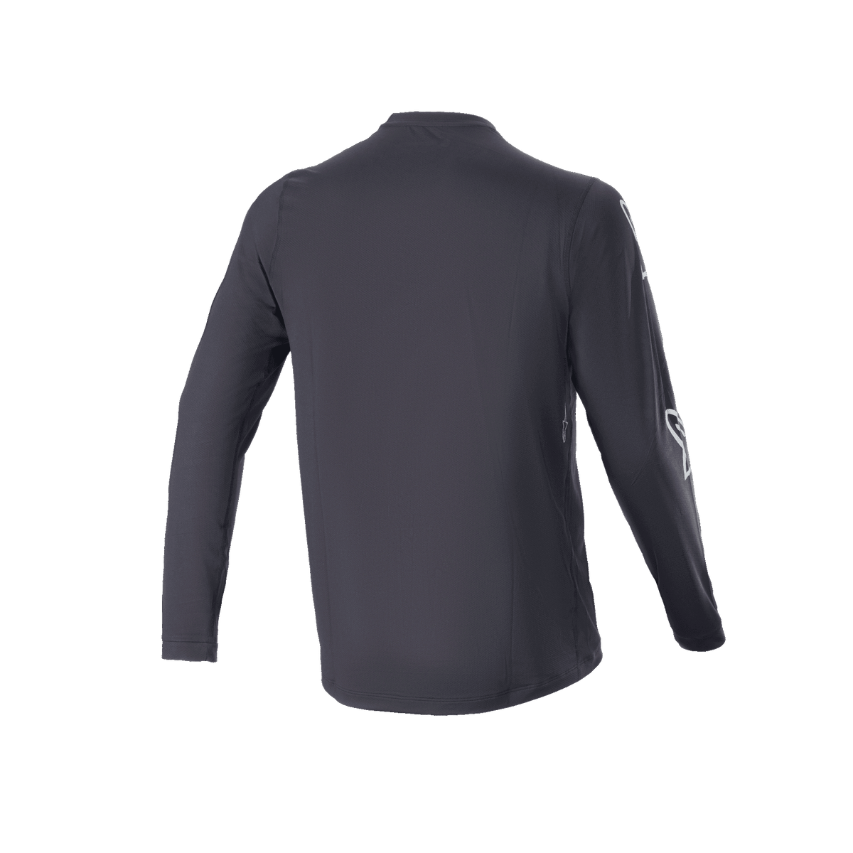 Alpinestars A-Dura Switch Jersey met lange mouwen, zwart, achteraanzicht, toont de verlengde achterzijde en een subtiel logo op de mouw, lichtgewicht MTB trail fietsshirt