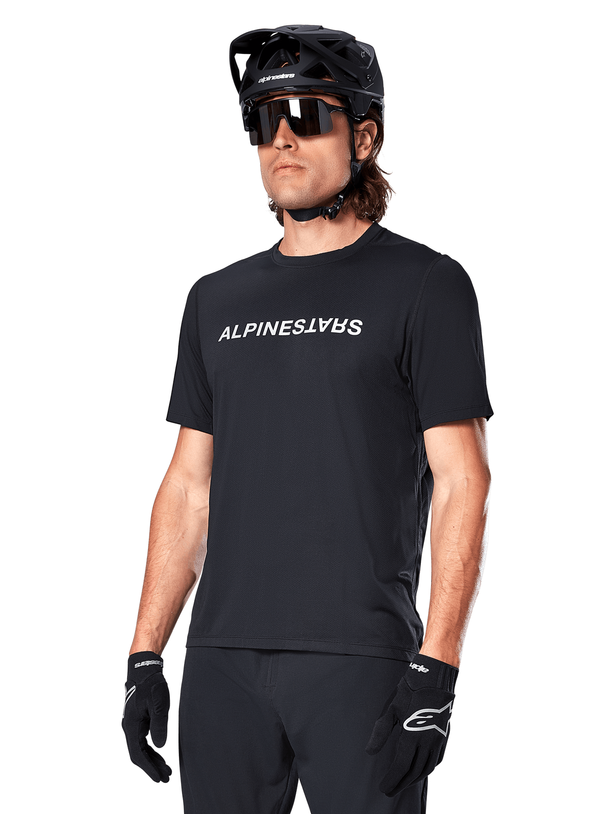 Maillot à manches courtes Alpinestars A-Dura Switch, maillot de VTT trail pour homme, noir avec logo blanc, tissu technique