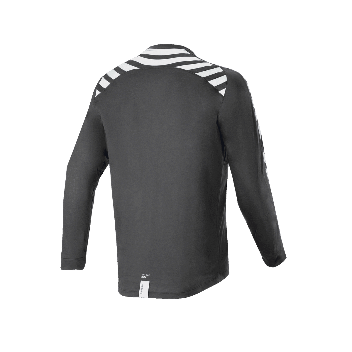 Alpinestars A-Dura Dri Oscar Long Sleeve Jersey, Black Reflective, back view featuring white reflective stripes on shoulders and arms, technical recycled drirelease fabric, longer drop tail hem for off-road cycling