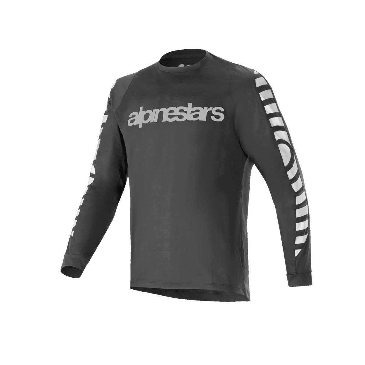 Alpinestars A-Dura Dri Oscar Long Sleeve Jersey, Cycling Jersey, Black Reflective, featuring a large silver reflective wordmark on the chest and graphic patterns on the sleeves, technical mountain bike performance apparel