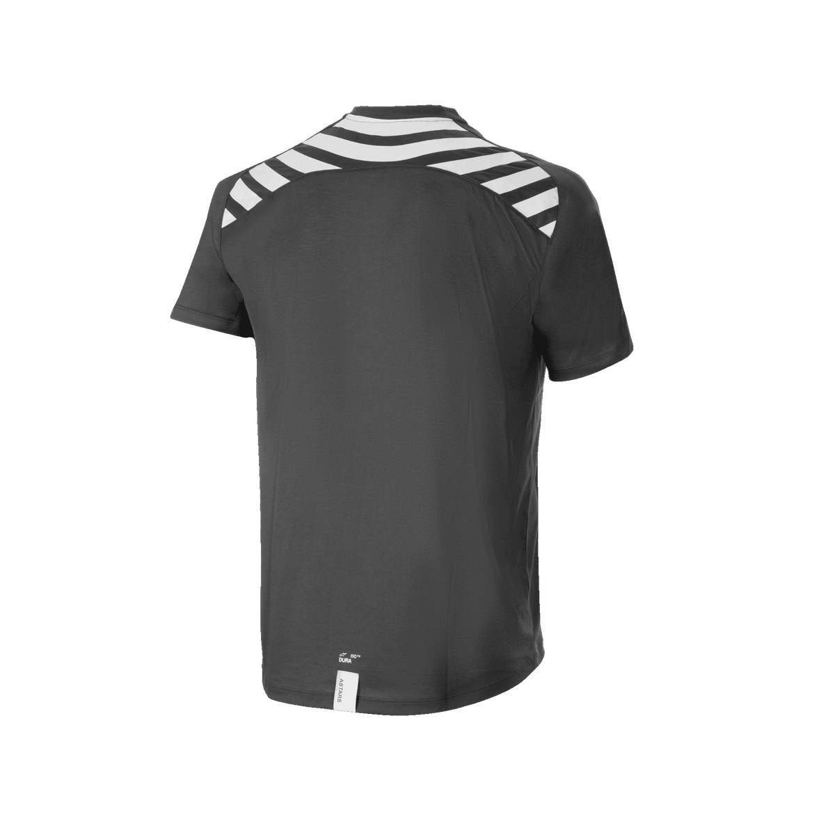 Alpinestars A-Dura Dri Oscar Kurzarmtrikot, MTB-Trikot, Schwarz Reflektierend, Rückansicht mit weißen diagonalen Streifen auf den Schultern und dem Rücken, verlängerter Rückensaum für optimale Abdeckung beim Radfahren