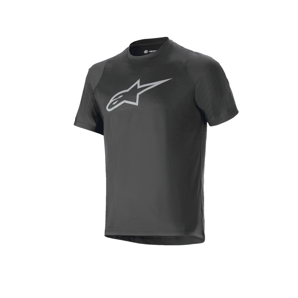 Alpinestars A-Dura Dri Oscar Kurzarmtrikot, Schwarz Reflektierend, mit einem großen, silbernen, reflektierenden Alpinestars-Logo auf der Brust, technisches Mountainbike-Trikot mit regulärer Passform