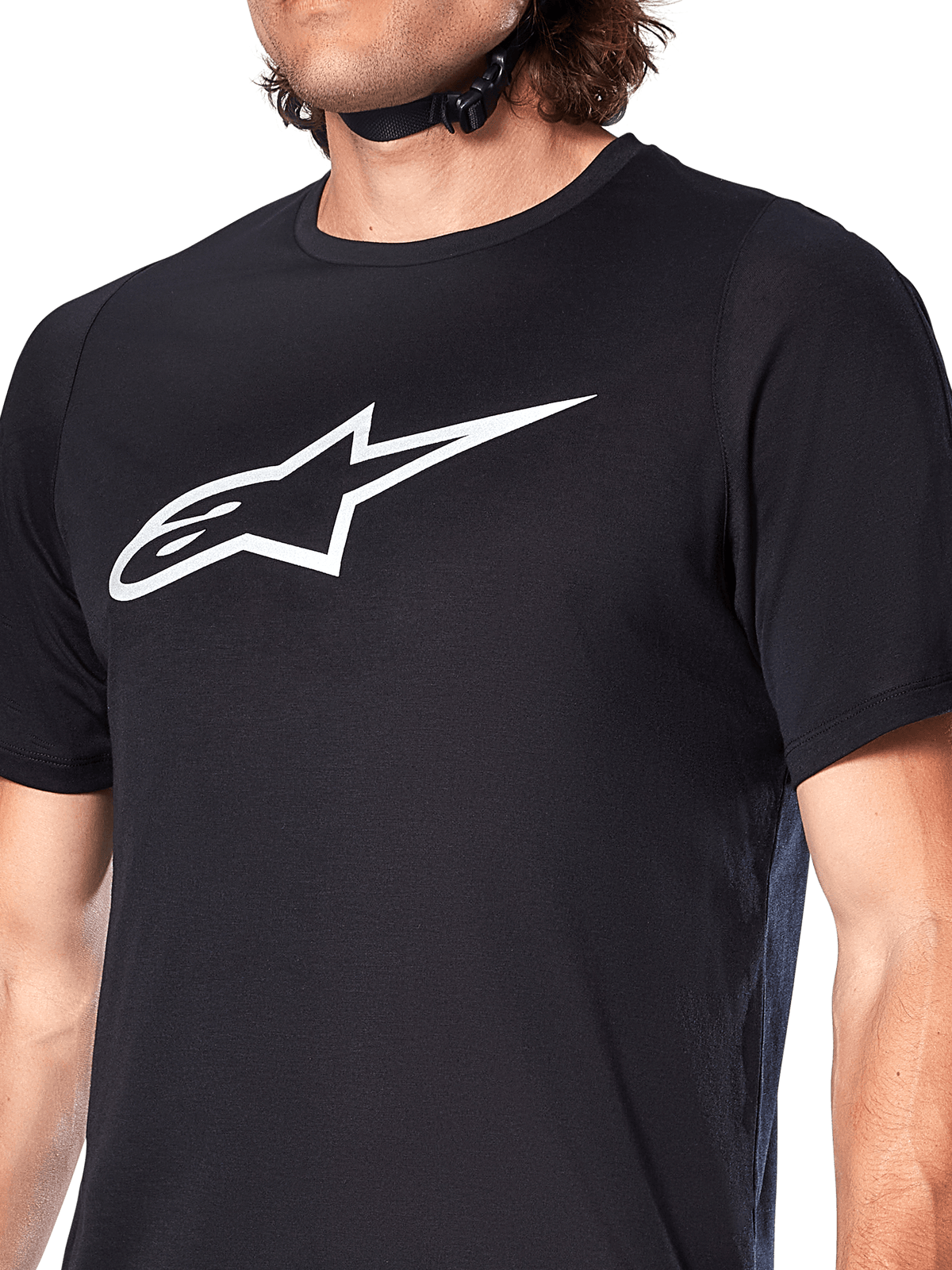 Alpinestars A-Dura Dri Oscar Trikot, Kurzarm-MTB-Trikot, Schwarz-reflektierend, mit großem weißen Alpinestars-Logo auf der Brust, technisches feuchtigkeitsableitendes Material für Mountainbiking
