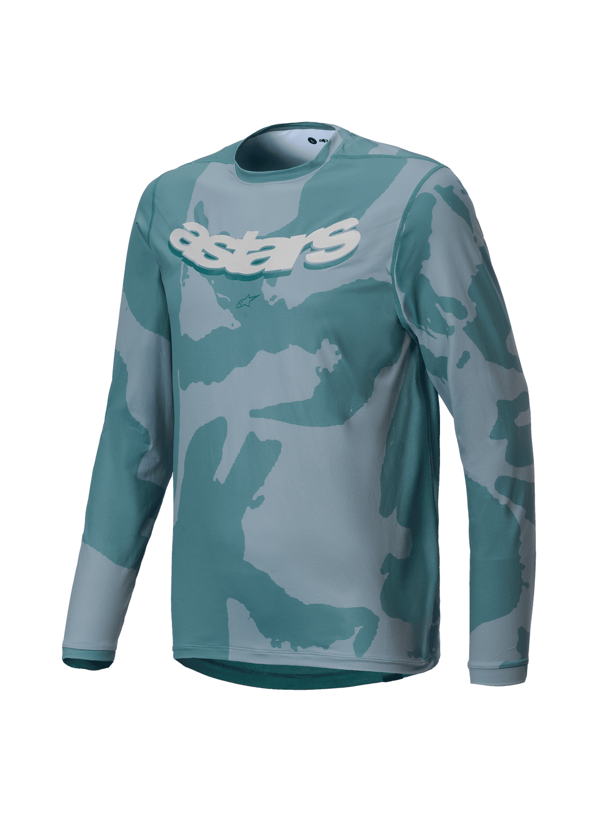 Maillot Alpinestars Youth A-Dura Hollow Camo, maillot de VTT à manches longues, Silver Pine Camo avec motifs turquoise et gris, logo Astars blanc sur la poitrine, tissu haute performance pour le trail pour jeunes