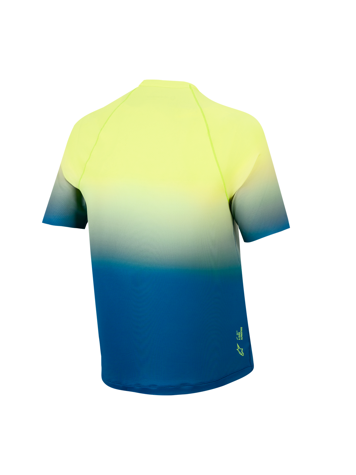 Jeugd A-Dura Astars 2.0 MTB-jersey met korte mouwen, geel-blauw kleurverloop en een verlengde achterzoom.