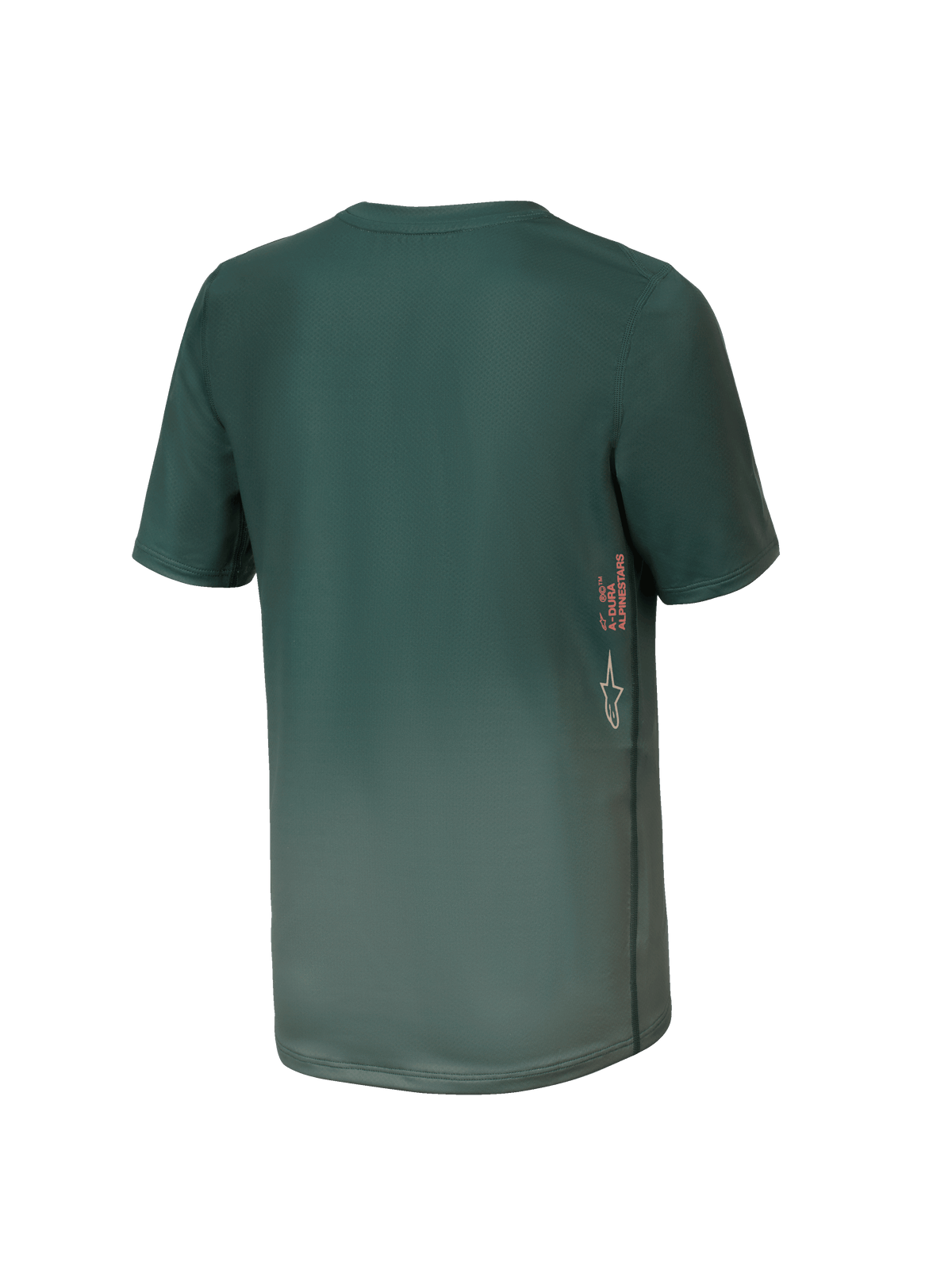 Alpinestars Jeugd A-Dura Rise Jersey, MTB-shirt met korte mouwen, Silver Pine groen, achteraanzicht met verticale A-DURA en Astars-branding aan de zijkant, verlengde achterkant, technische vochtafvoerende stof