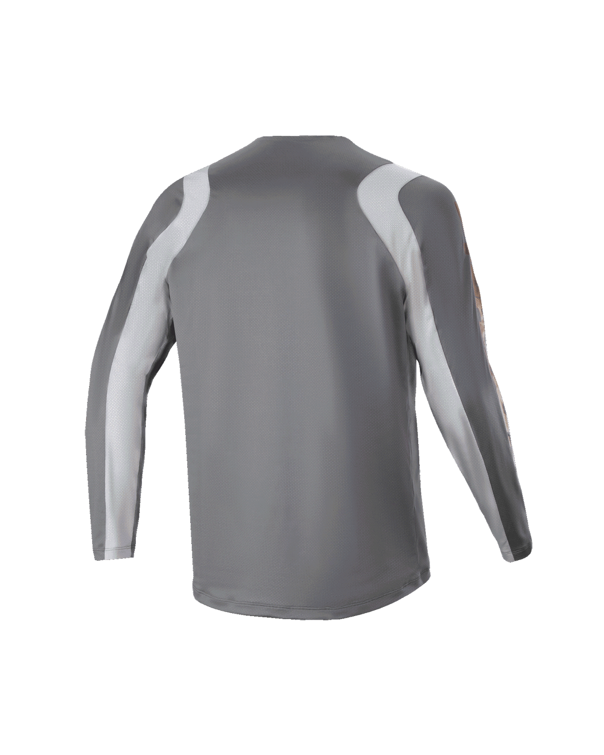 Alpinestars Jugend-A Supra Astar Langarm-Jersey, Rückansicht, Dunkelgrau mit hellgrauen Schulter- und Ärmeleinsätzen, Performance-Passform MTB-Trikot, atmungsaktives Polyestergewebe für Gravity-Fahrten
