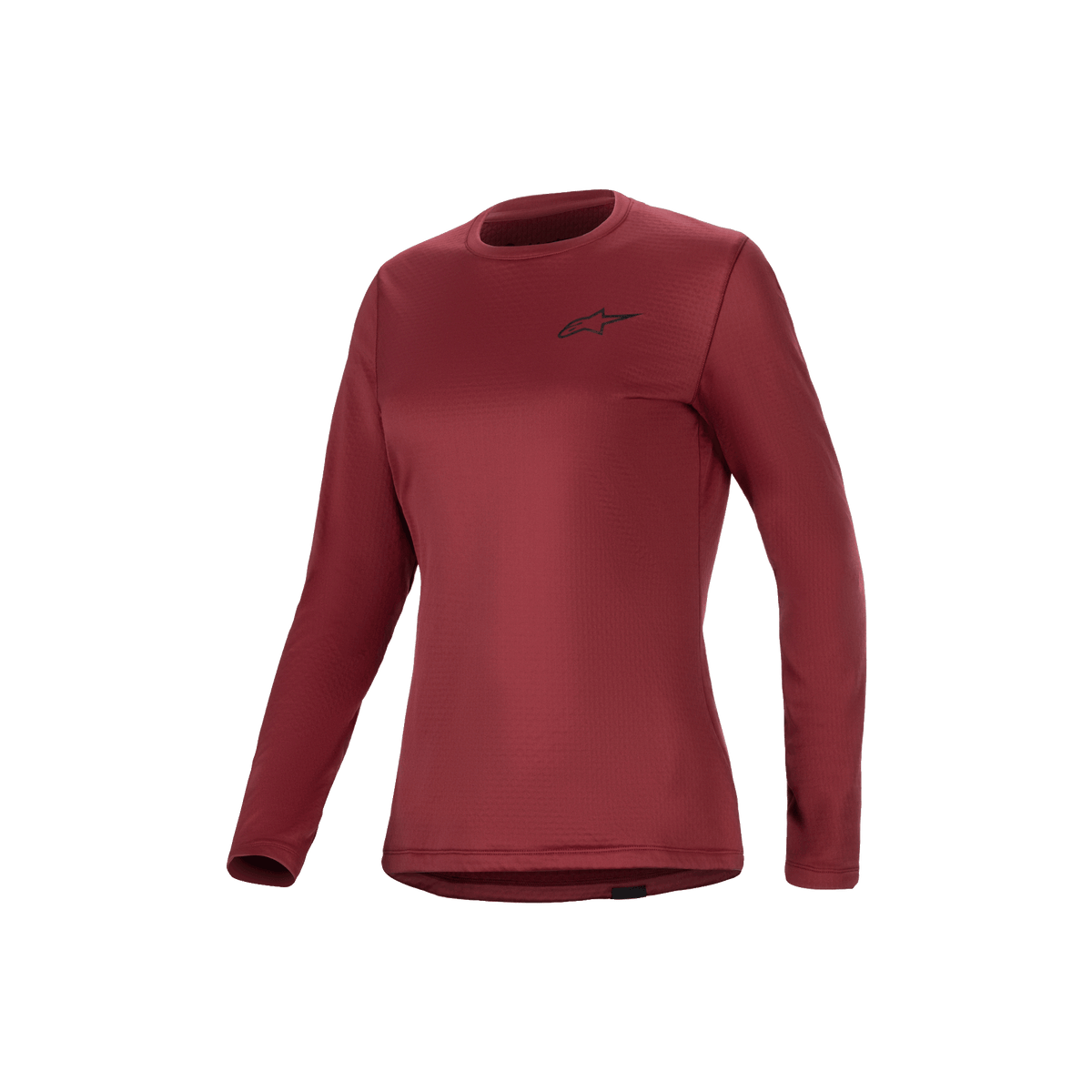 Alpinestars Stella A-Dura Thermo Jersey, damestheermoshirt met lange mouwen, bordeauxrood, geïsoleerd fleece en verlengde drop tail, mountainbikekleding.
