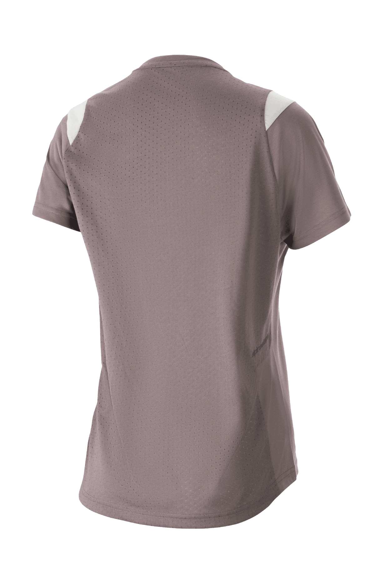 Maillot à manches courtes pour femme Alpinestars Stella Alps Escape, gris moineau avec accents blancs aux épaules, vue de dos montrant une large maille perforée pour la ventilation, tissu DriRelease évacuant l'humidité, vêtement de VTT pour femme