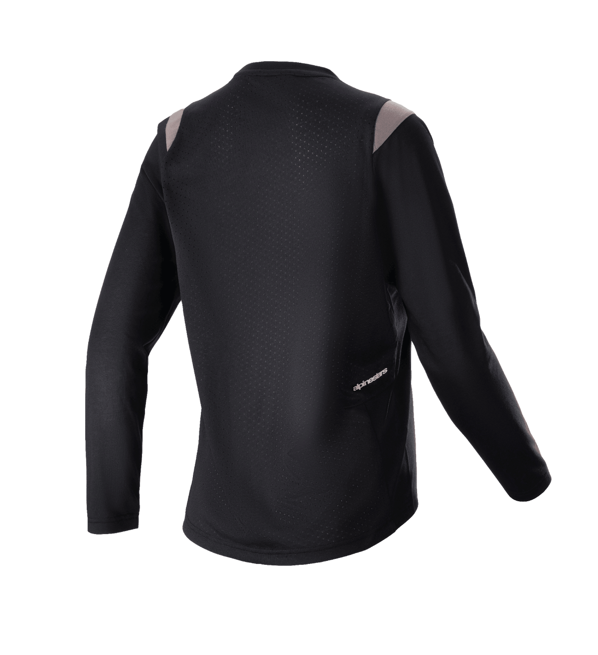 Alpinestars Stella Alps Escape Langarmtrikot für Damen, Schwarz mit grauen Schulterakzenten, Rückansicht mit perforiertem Mesh-Rückenteil zur Belüftung und kleinem Alpinestars-Logo, Mountainbike-Ausrüstung