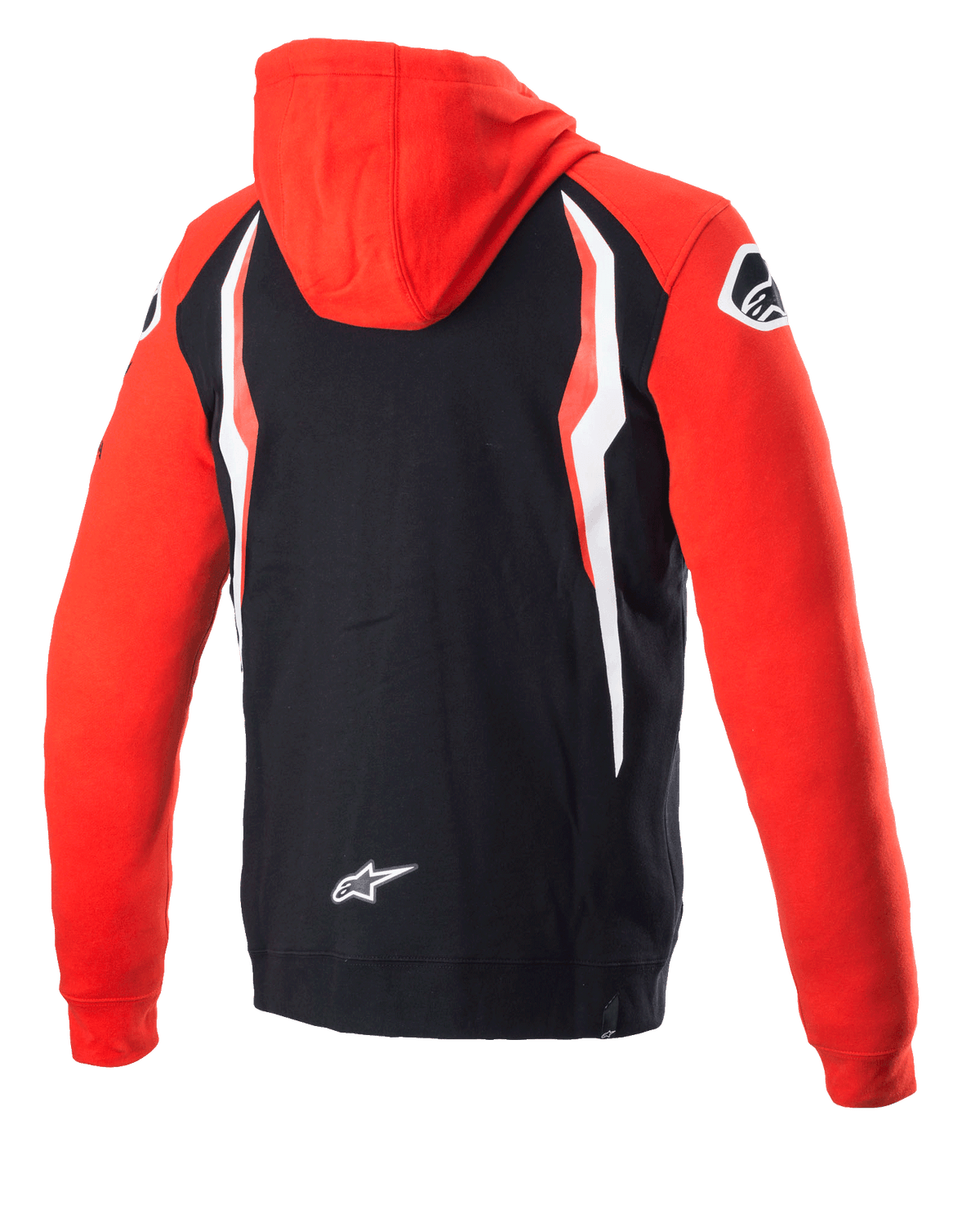 Sweat à capuche zippé Alpinestars Honda, rouge et noir, vue de dos, polaire co-brandée avec capuche et manches rouges, dos noir avec empiècements contrastés blancs et rouges, logo étoile Alpinestars en bas du dos, streetwear décontracté inspiré du sport automobile