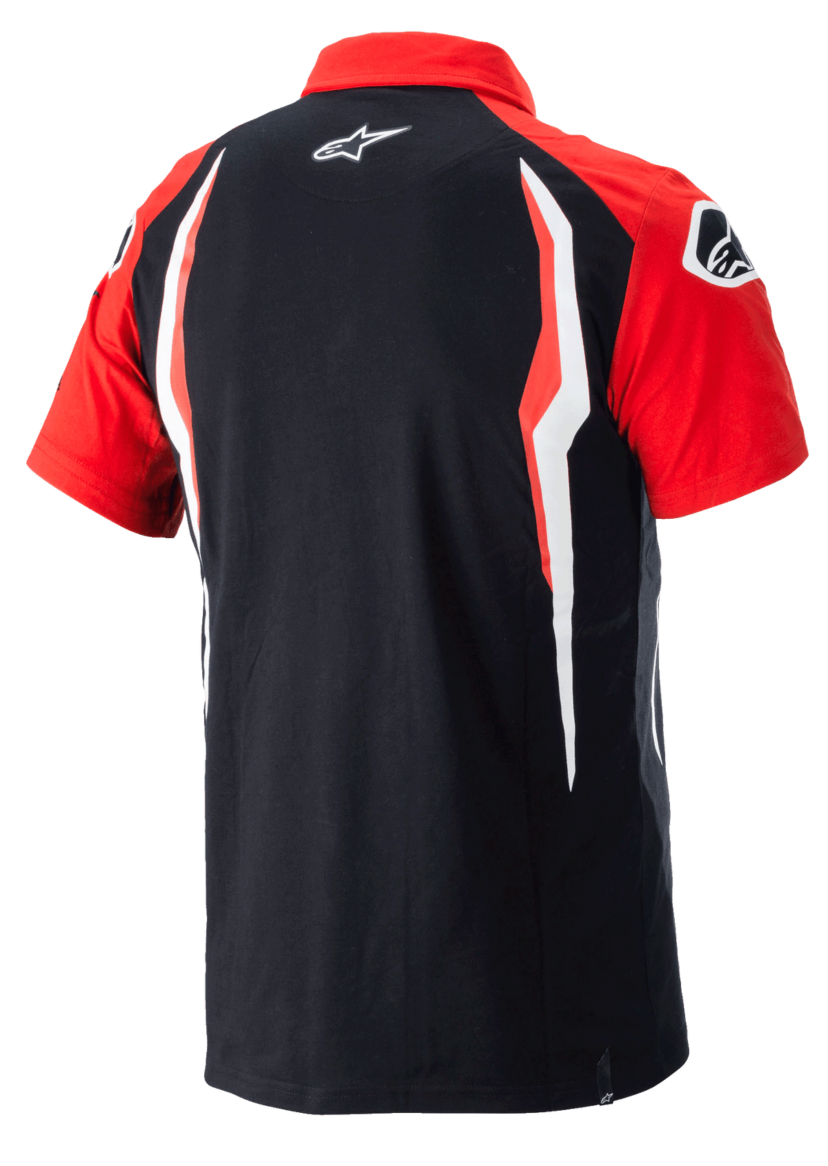 Alpinestars Honda Polo, kurzärmeliges Polo-Shirt, Rot und Schwarz, Rückansicht mit kontrastierenden Seiteneinsätzen und Alpinestars-Logo auf dem Rücken, lässige Motorsport-Sportbekleidung