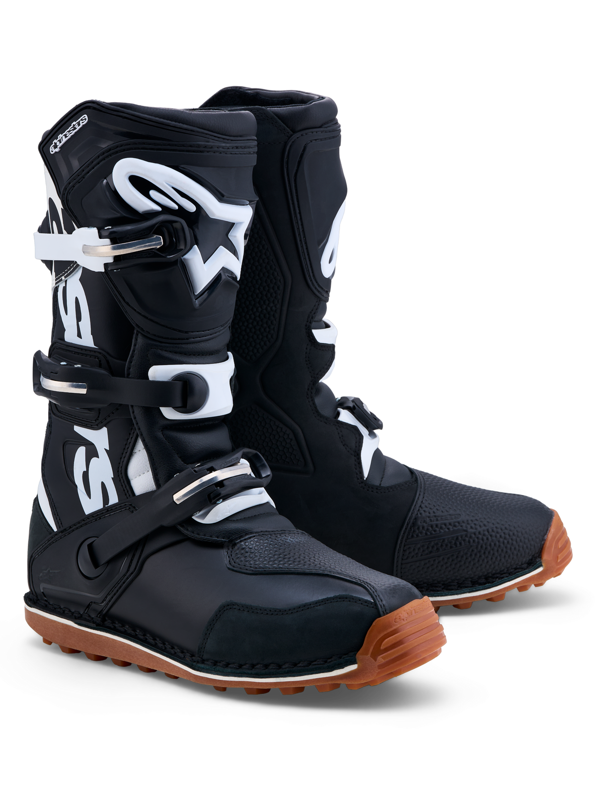 Alpinestars Tech-T laarzen, heren trialmotorlaarzen, zwart en wit, leer met TPU-scheenplaat en rubberen gripzool, CE-gecertificeerd.
