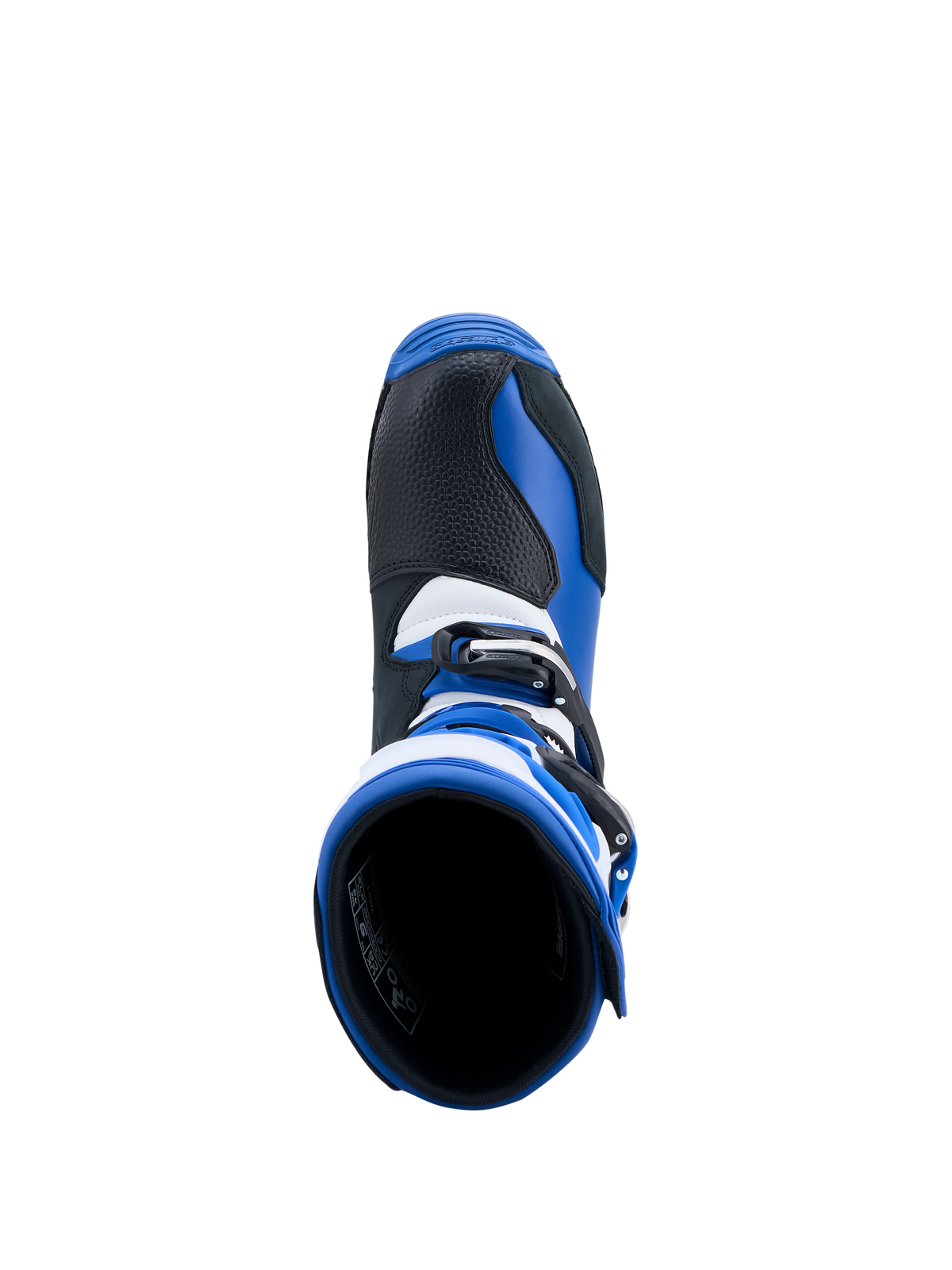 Alpinestars Tech-T Trials Boots in Blue and Black, top-down view showing the entry aperture and leather construction.