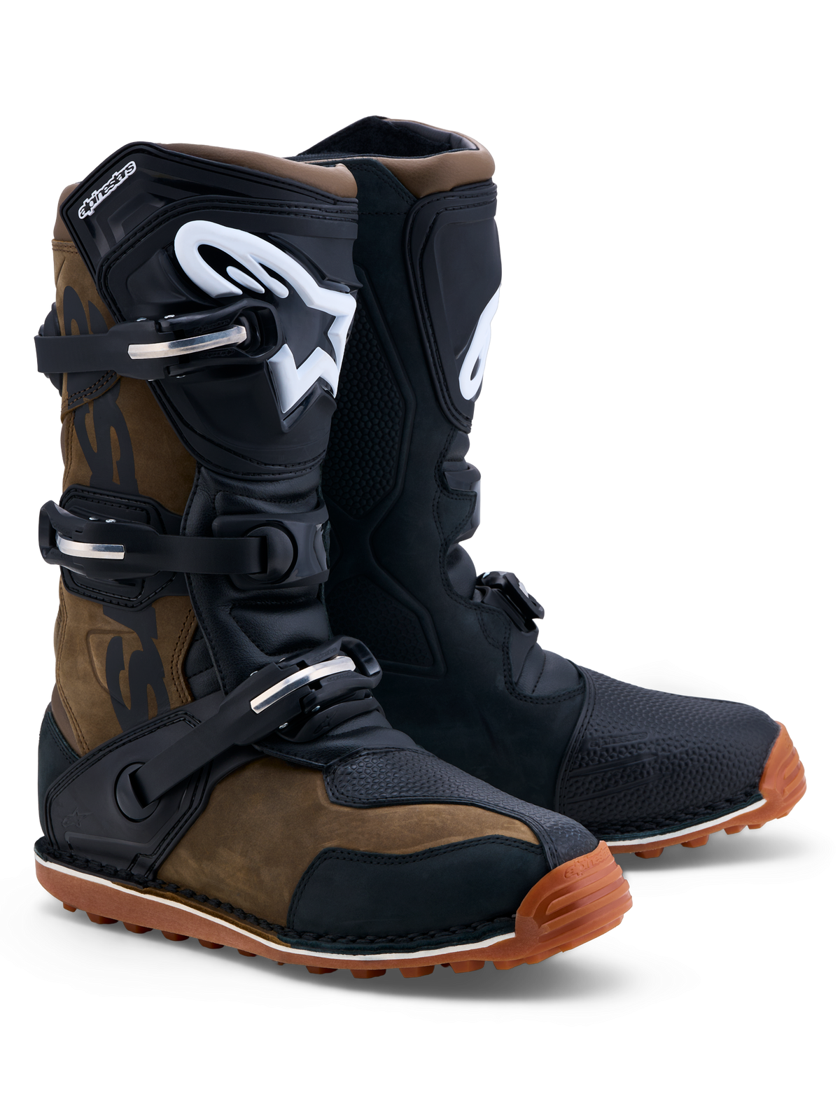 Alpinestars Tech-T Boots, trials motorcycle boots in brown and black leather with ergonomic TPU shinplates.