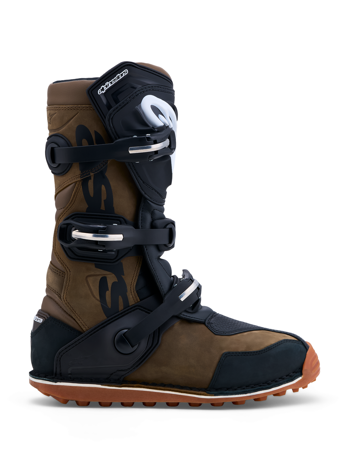 Alpinestars Tech-T Boots, brown and black leather trials motorcycle boots with triple buckle closure and gum sole.