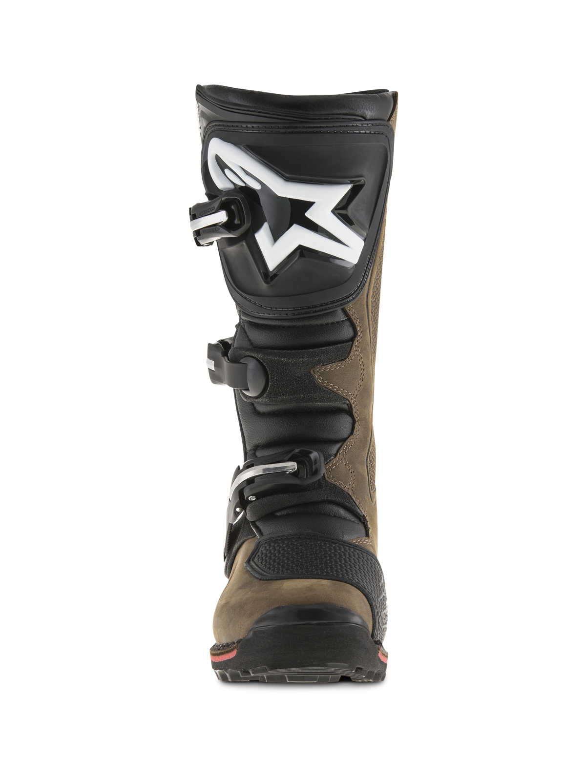 Alpinestars Tech-T laarzen, trial motorlaarzen, bruin geolied en zwart, vooraanzicht met ergonomische scheenplaat en groot wit logo, sluitingssysteem met drie gespen, gespecialiseerde zool voor technisch off-road rijden