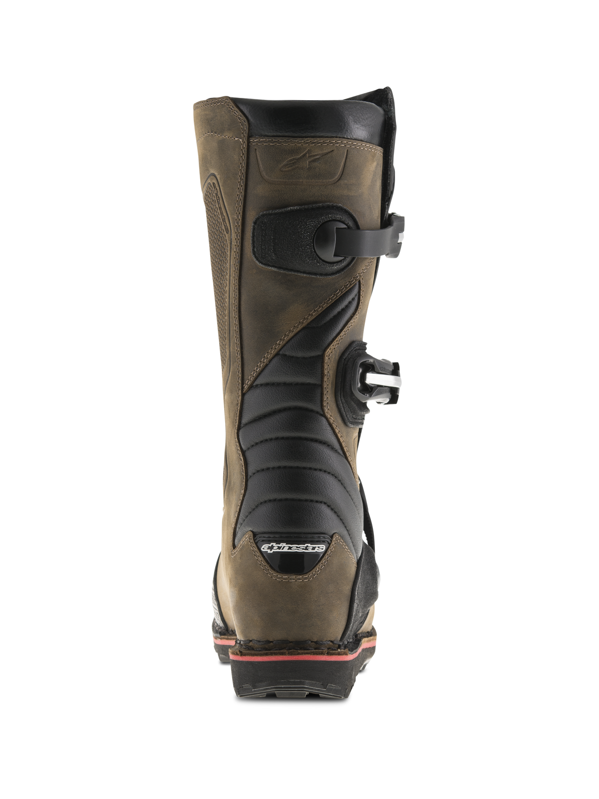 Alpinestars Tech-T laarzen, bruin geolied, achteraanzicht met zwarte accordeon flex-zones, gespen aan de zijkant en Alpinestars-logo op de hiel, professionele trial motorlaarzen met een robuuste lederen afwerking