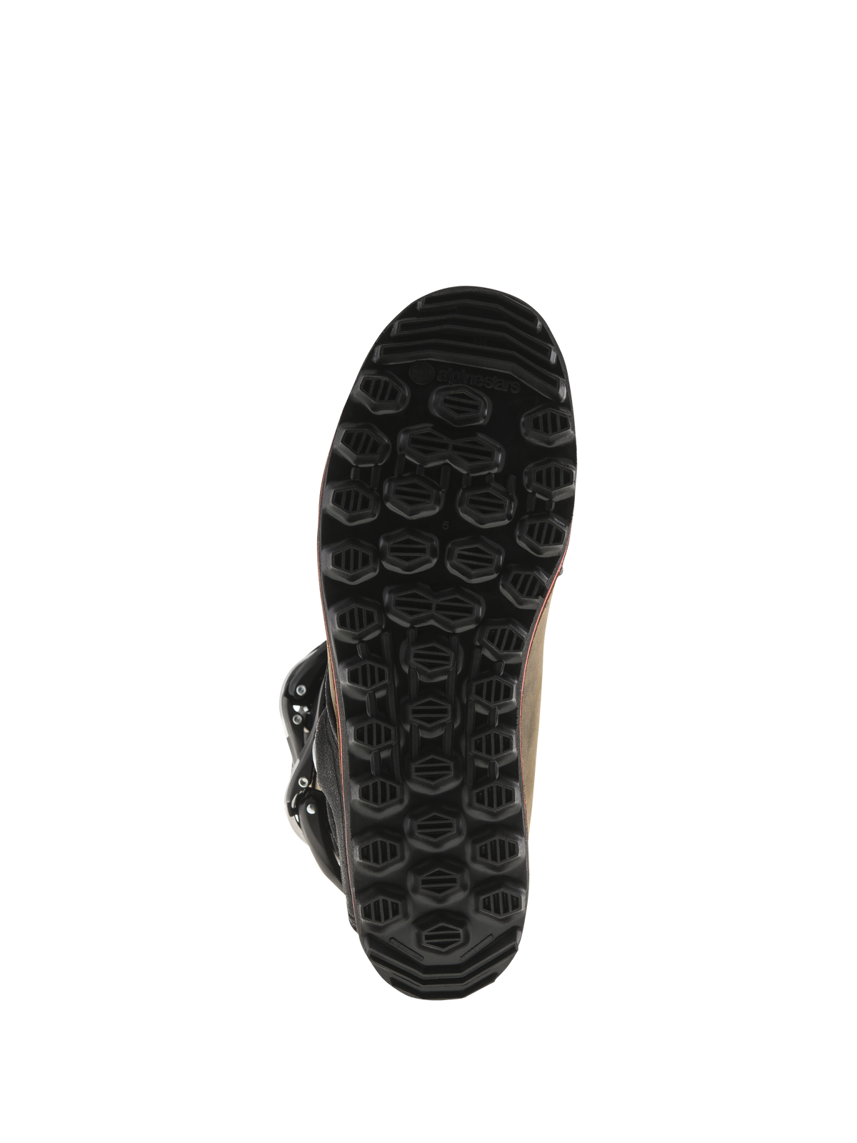 Alpinestars Tech-T laarzen, trial-laarzen, bruin geolied leer, onderaanzicht van zwarte eigen zool, getextureerd hexagonaal profiel voor grip en gevoeligheid voor de voetsteun, duurzame rubberen constructie