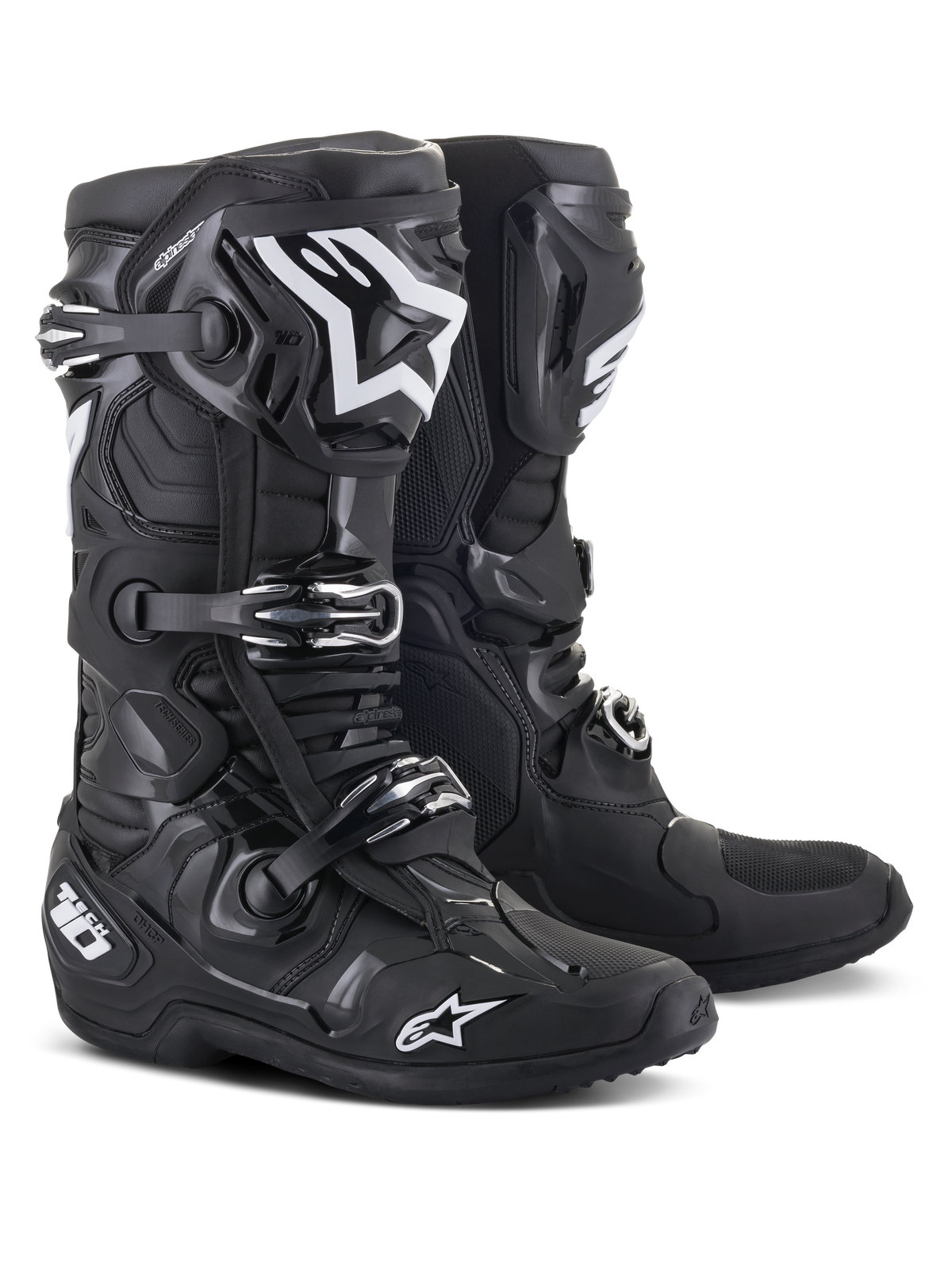 Bottes Alpinestars Tech 10, bottes de motocross, noir, avec logos Alpinestars blancs, système de fermeture à trois boucles, coque robuste en TPU avec protection de cheville renforcée, design aérodynamique pour la course tout-terrain haute performance