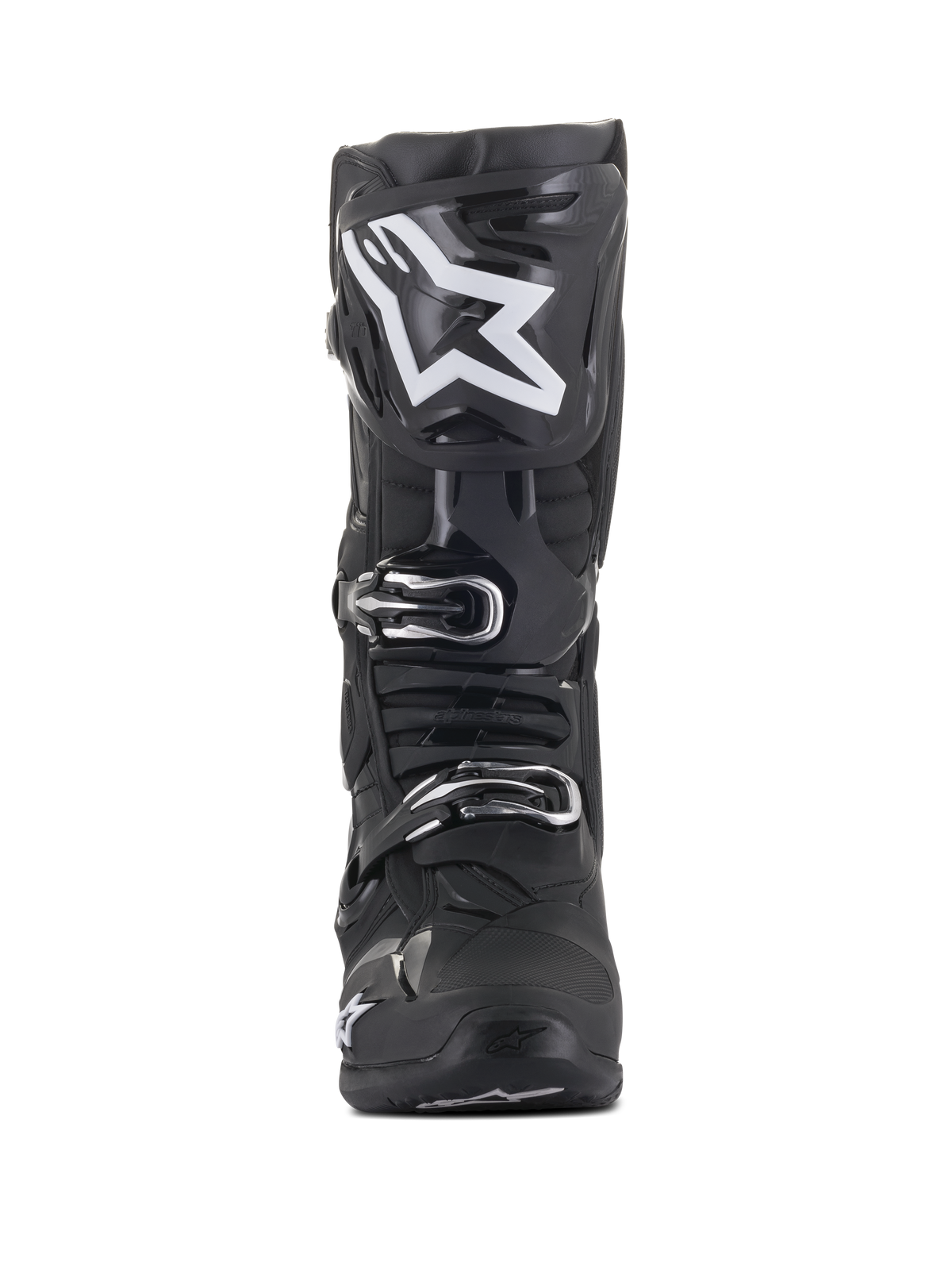 Bottes Alpinestars Tech 10, bottes de motocross, noires avec un grand logo étoile blanc sur le tibia, vue de face, avec boucles argentées et construction de coque en TPU avancée pour une protection tout-terrain.