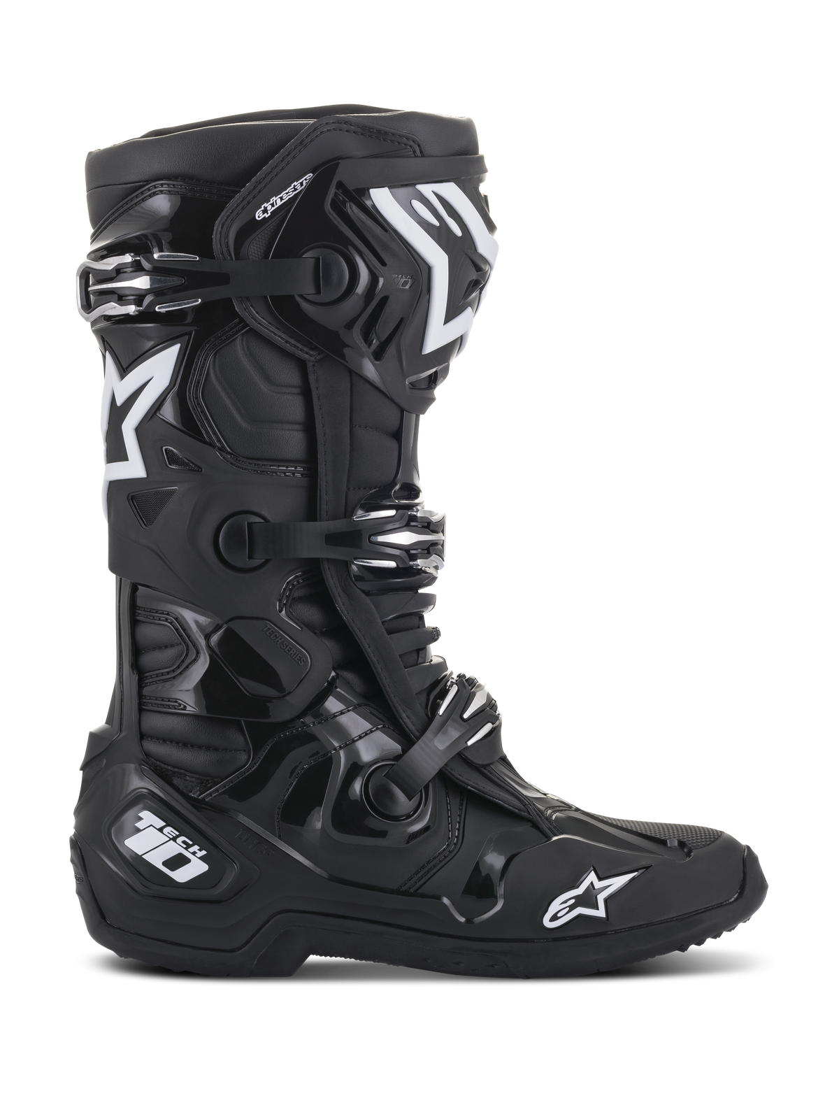 Alpinestars Tech 10 Boots, bottes de motocross, noir, vue de profil avec logos Alpinestars blancs et marquage Tech 10, système de fermeture à trois boucles, coque robuste en TPU et construction en microfibre pour la compétition tout-terrain professionnelle