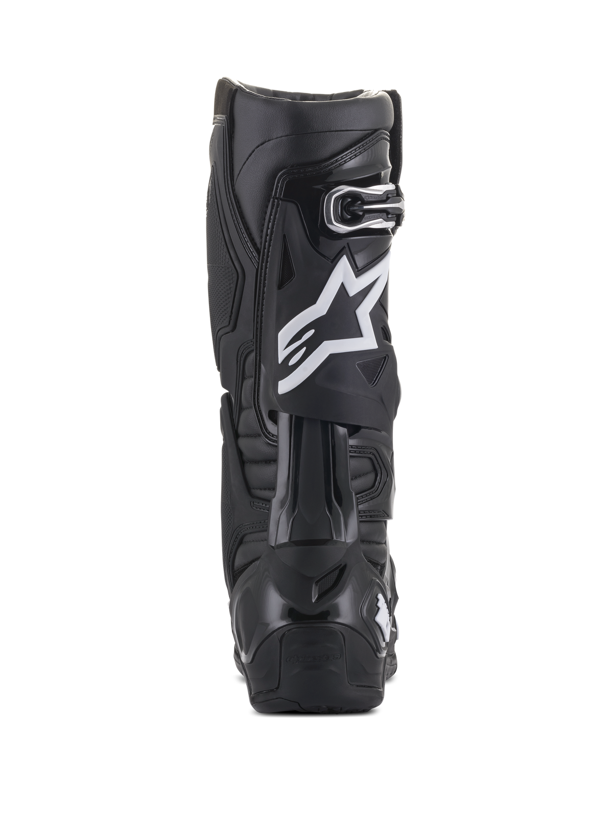 Bottes Alpinestars Tech 10, noires, vue arrière avec logo étoile blanc sur le mollet, coque en TPU durable et construction en microfibre, conçues pour le motocross haute performance et la conduite tout-terrain