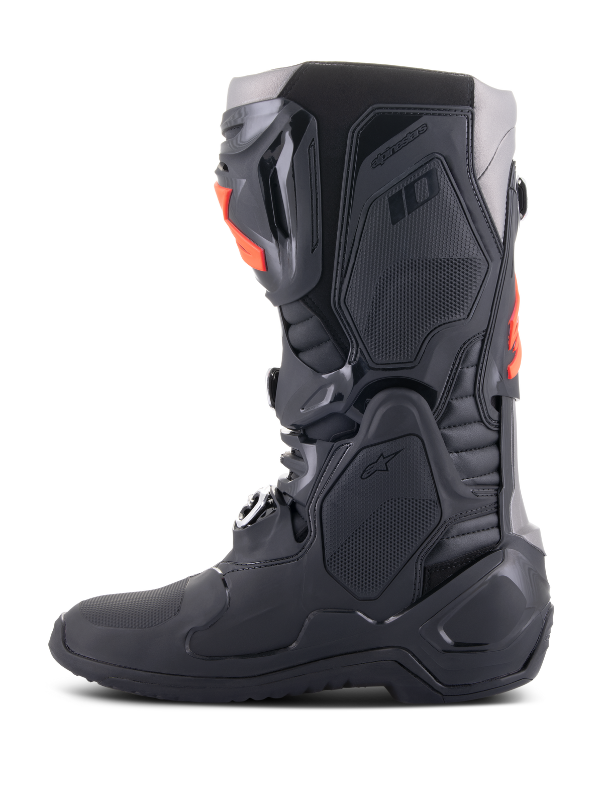Alpinestars Tech 10 Stiefel, Motocross-Stiefel, Schwarz und Rot Fluo, Seitenansicht, mit einem Multi-Komponenten-Chassis mit schützenden TPU-Platten, Aluminium-Schnallen und einem stromlinienförmigen Design für den Offroad-Rennsport.