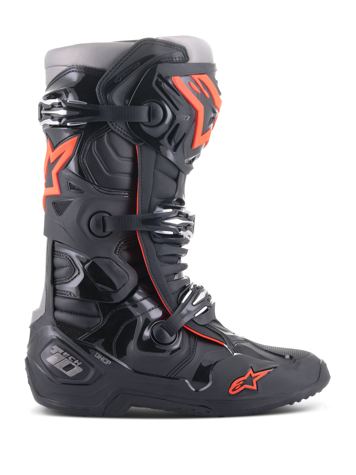 Alpinestars Tech 10 Stiefel, Motocross-Offroad-Rennstiefel, Schwarz und Rot Fluo, mit Drei-Schnallen-Verschlusssystem, konturierter TPU-Schutzschale, rotem Stern-Logo im Zehenbereich, Hochleistungskonstruktion für professionelles MX-Fahren