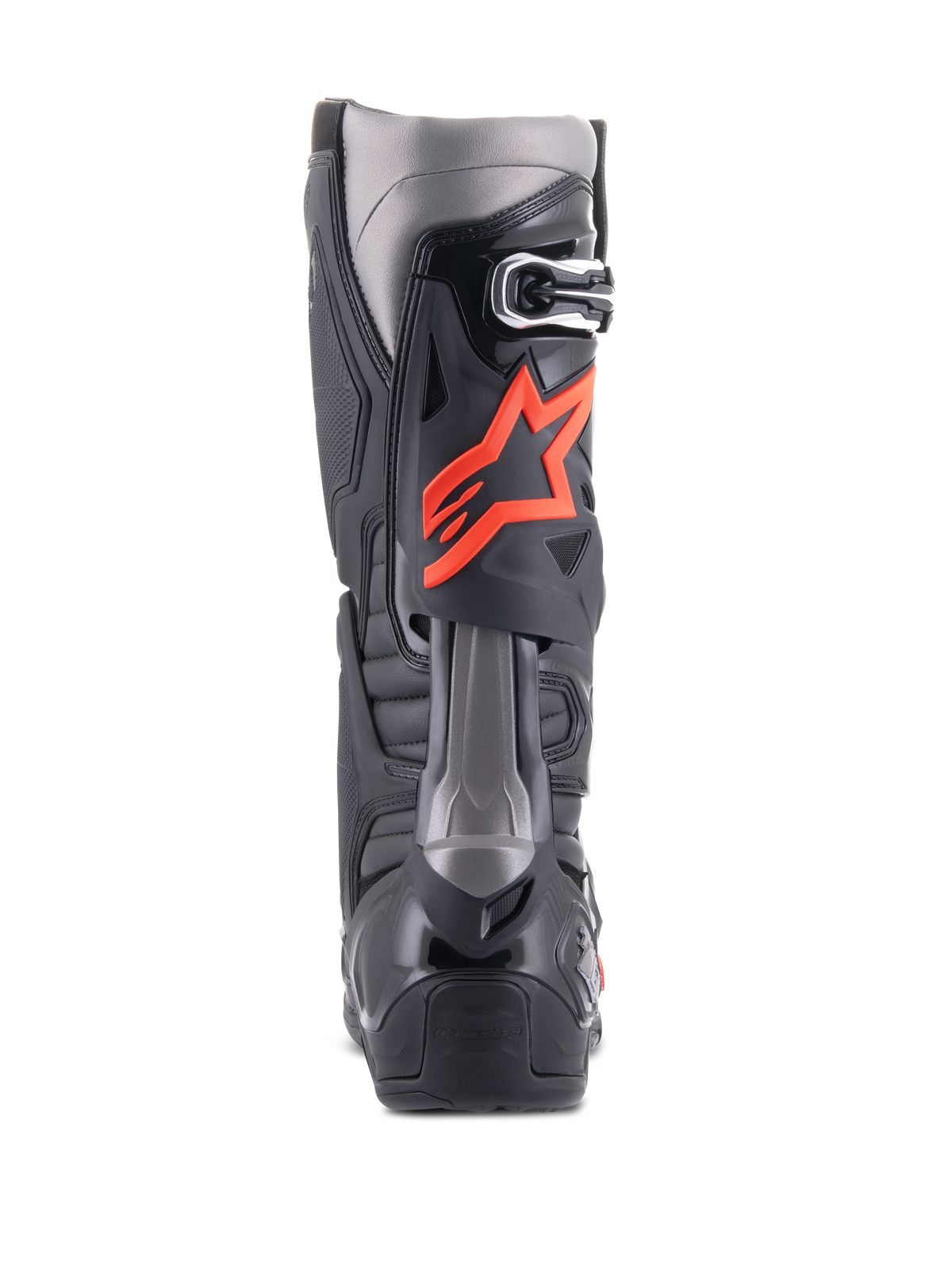 Alpinestars Tech 10 Stiefel, Motocross-Stiefel, Schwarz und Fluo-Rot, Rückansicht mit technischer TPU-Schale, dunkelgrauen Paneelen und einem markanten fluoreszierenden roten Stern-Logo an der Wade.