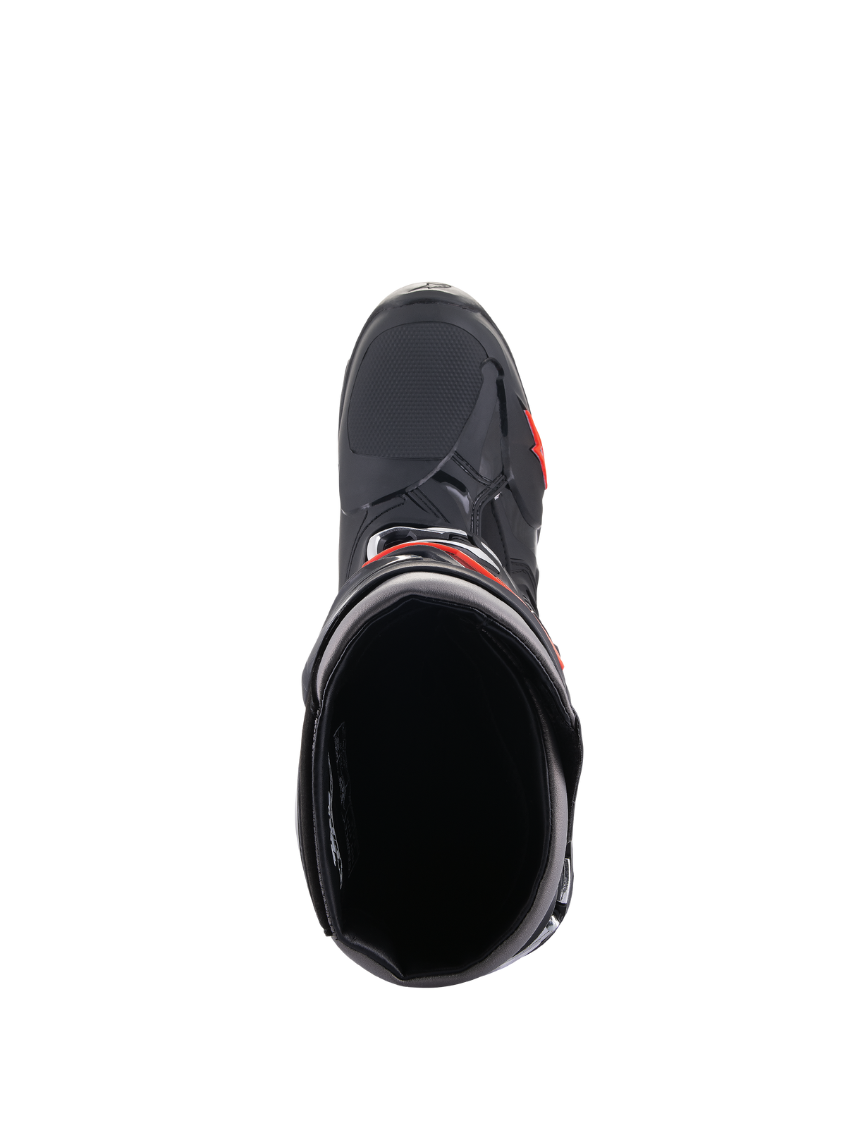 Alpinestars Tech 10 Stiefel, Motocross-Stiefel, Schwarz und Rot Fluo, Draufsicht mit Blick in die Stiefelöffnung, stromlinienförmige schwarze Schale mit roten Akzenten und strukturierter Zehenbereich