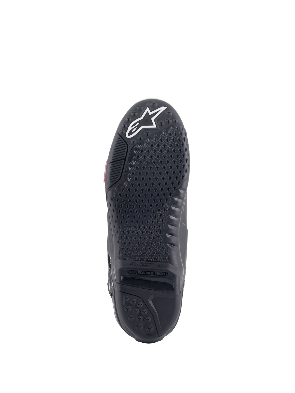 Bottes Alpinestars Tech 10, bottes de motocross, noires, vue de dessous de la semelle présentant un motif d'adhérence texturé, logo étoile blanc sur la pointe et insert central de semelle remplaçable pour des performances tout-terrain.