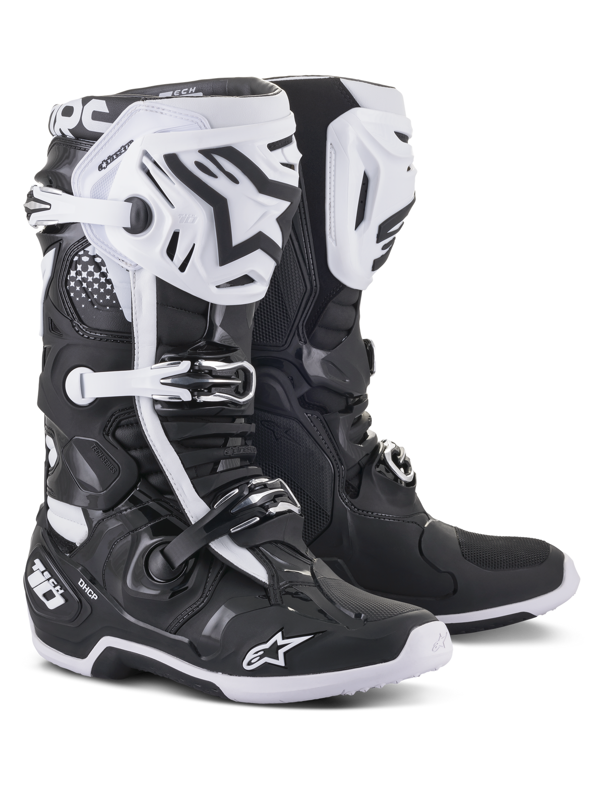 Bottes de motocross Alpinestars Tech 10, noires et blanches, conception protectrice haute performance avec plaques de tibia blanches, logos étoile noirs, boucles ajustables et protection de talon DHCP, semelles texturées robustes pour la course tout-terrain