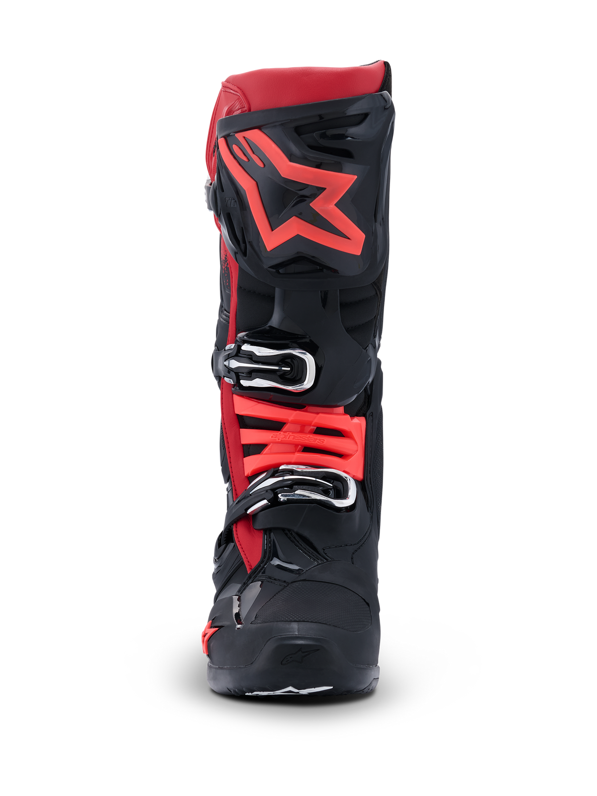 Bottes Alpinestars Tech 10, bottes de motocross, noir et rouge, vue de face avec grand logo étoile rouge sur le protège-tibia et boucles argentées, équipement de protection avancé pour la course tout-terrain