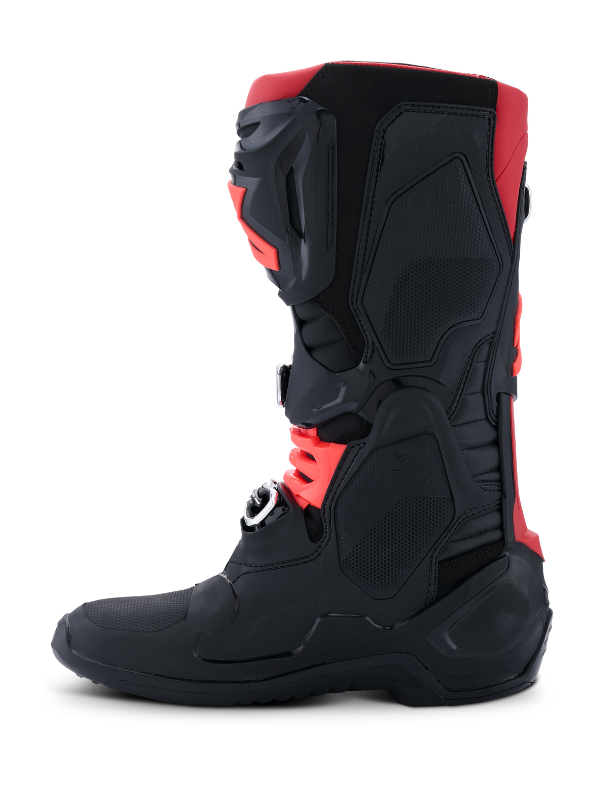 Bottes Alpinestars Tech 10, bottes de motocross, noir et rouge, vue de profil montrant le châssis de protection en TPU, les boucles en aluminium forgé à froid et le design tout-terrain profilé