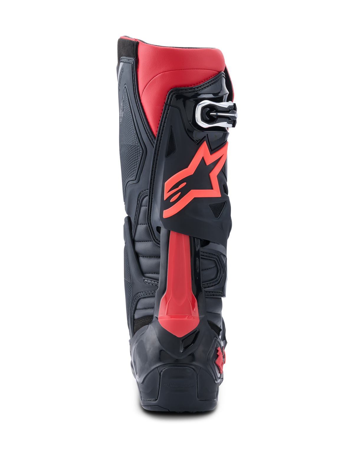 Bottes Alpinestars Tech 10, bottes de motocross, noir et rouge, vue de profil arrière présentant le logo Astars rouge, Dynamic Heel Compression Protector et châssis en TPU robuste pour la compétition tout-terrain haute performance.