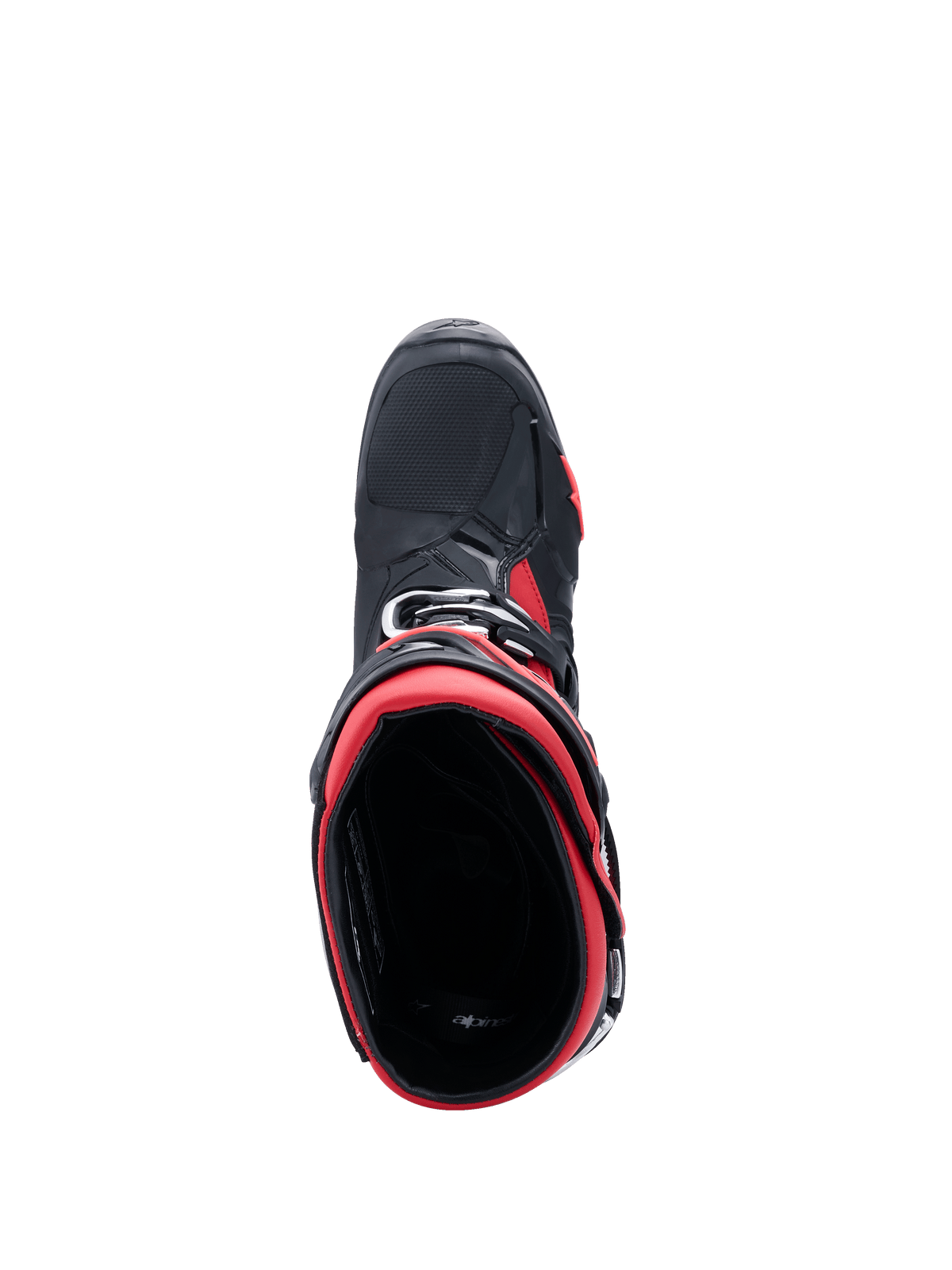 Bottes de motocross Alpinestars Tech 10, noir et rouge, vue de dessus plongeant dans l'ouverture de la botte, mettant en relief la doublure intérieure rouge et le châssis extérieur noir aux accents rouges, design professionnel tout-terrain épuré