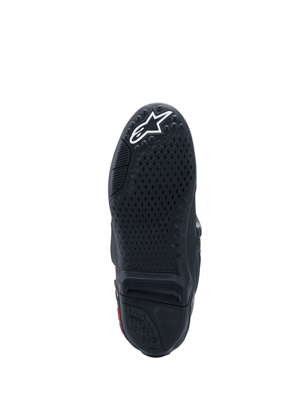 Bottes Alpinestars Tech 10, vue de la semelle, noires avec logo blanc, motif d'adhérence texturé, insert central remplaçable, équipement de motocross haute performance