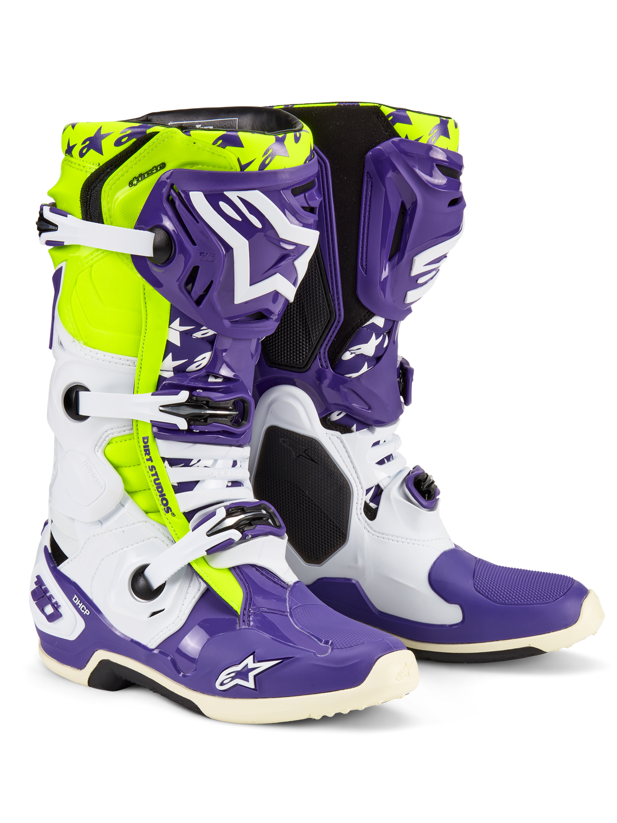 Alpinestars Tech 10 Dirt Studios LE Stiefel, Motocross-Stiefel, Weiß, Lila und Fluo-Gelb, mit weiß-lila Schutzschalen und fluo-gelben Akzenten, 'Dirt Studios'-Branding und weißen Schnallen, limitierte Edition, Hochleistungs-Offroad-Schuhwerk